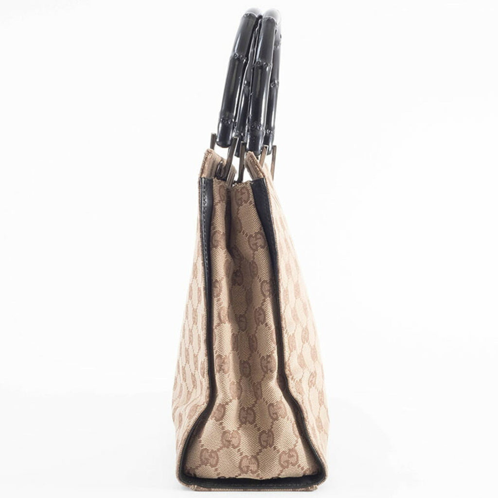 Gucci Beige Black Bamboo Canvas Handbag (Pre-Owned)