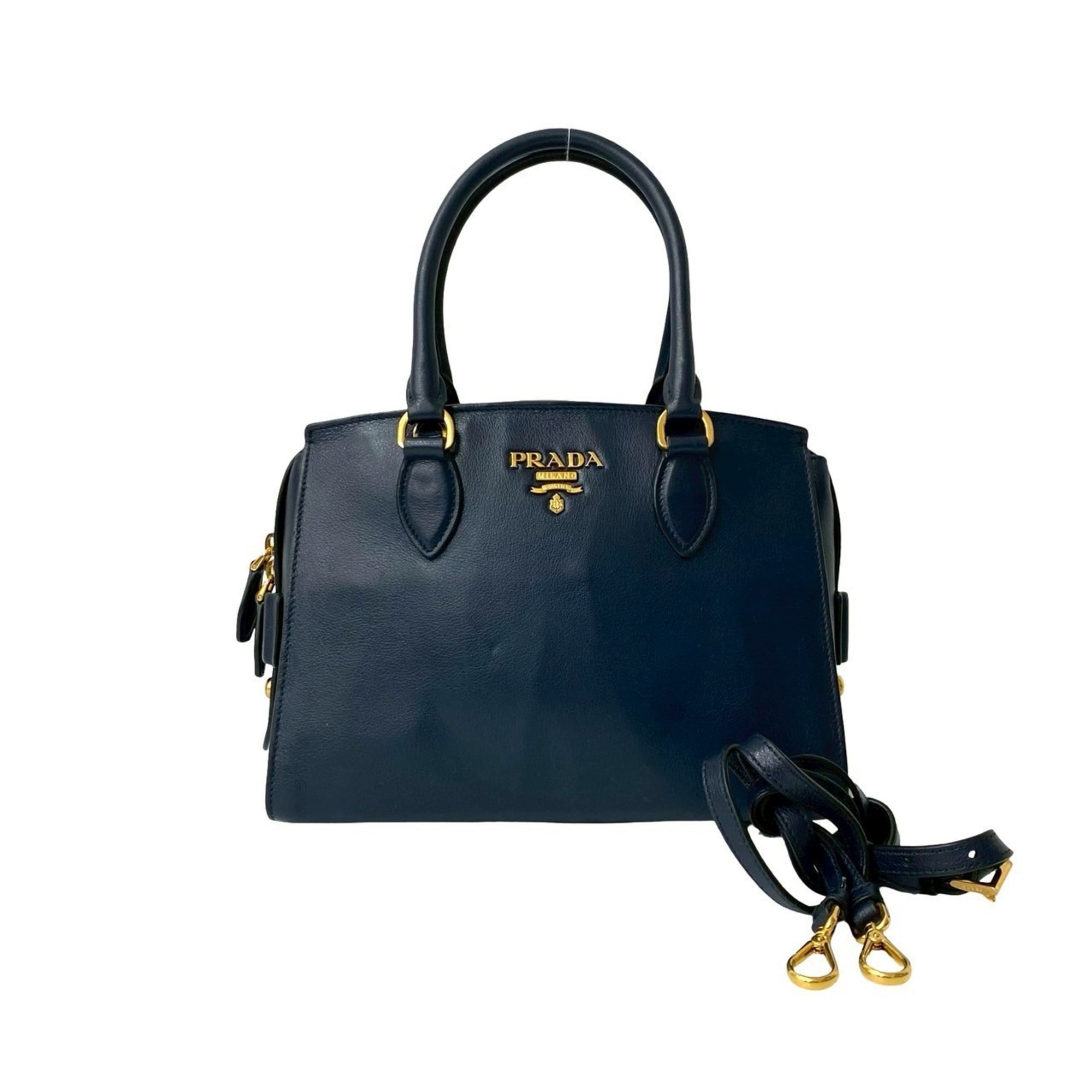 Prada Navy Leather Boston Bag Handbag Shoulder Bag (Pre-Owned)