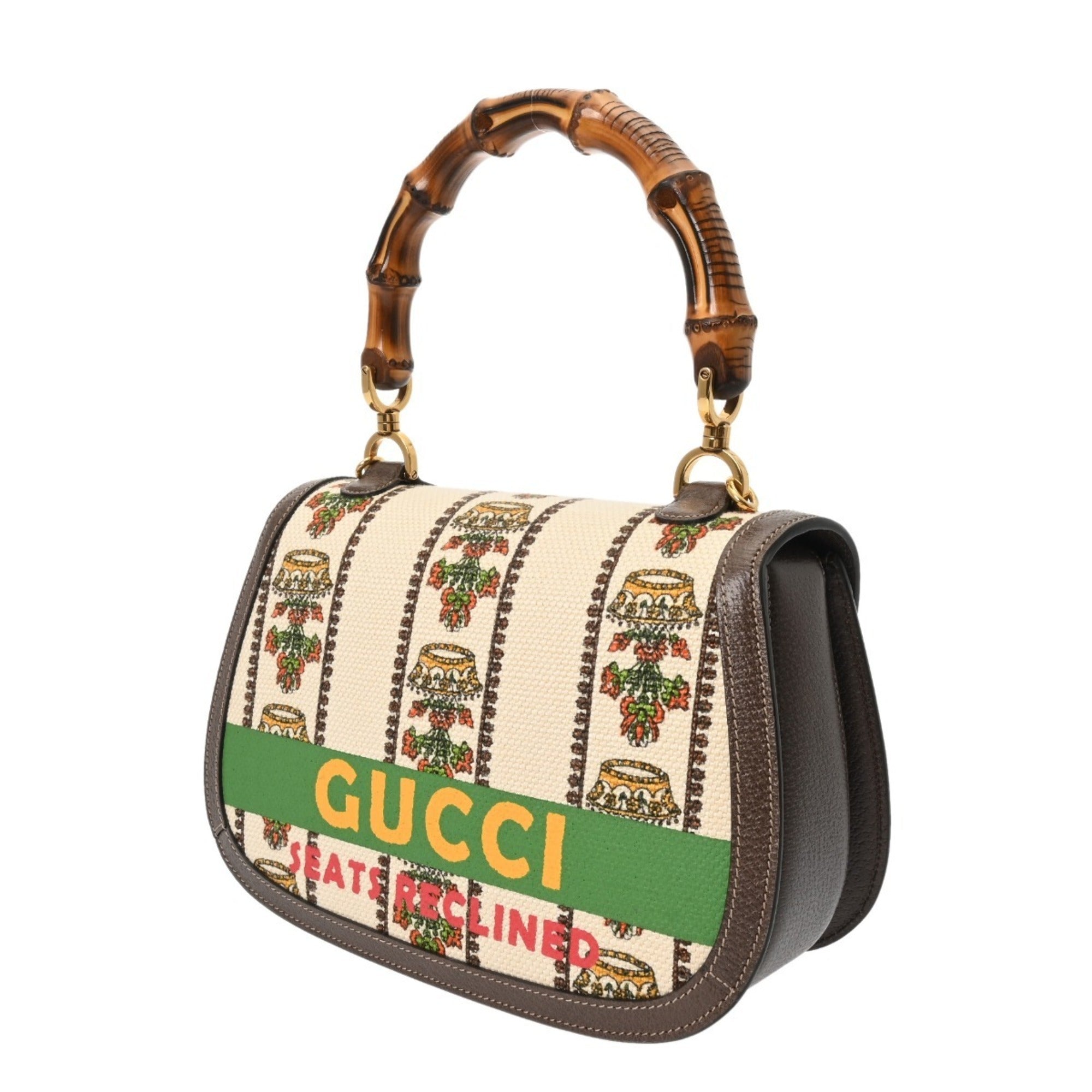 Gucci Beige Green Canvas Leather Handbag (Pre-Owned)