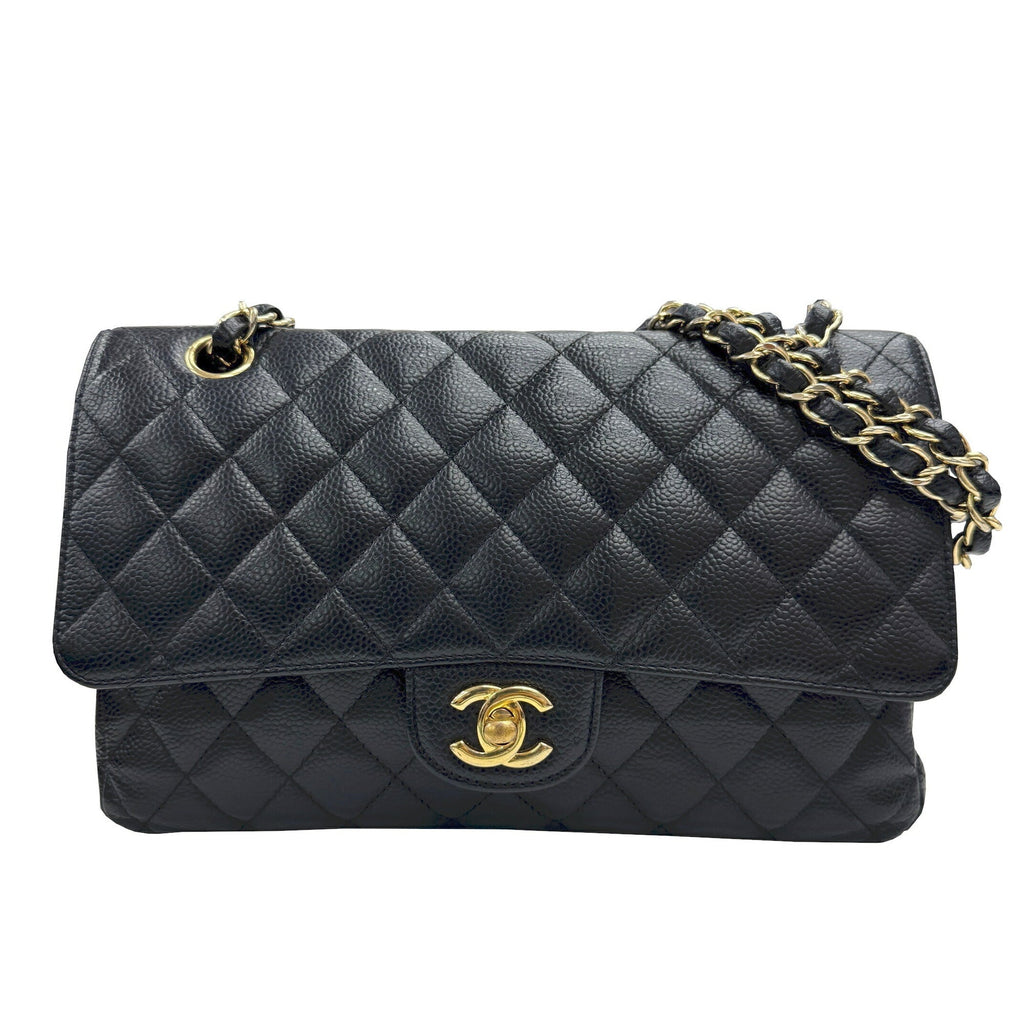 Chanel Gold Black Grained Calfskin Leather Chain/Shoulder Wallet (Pre-Owned)