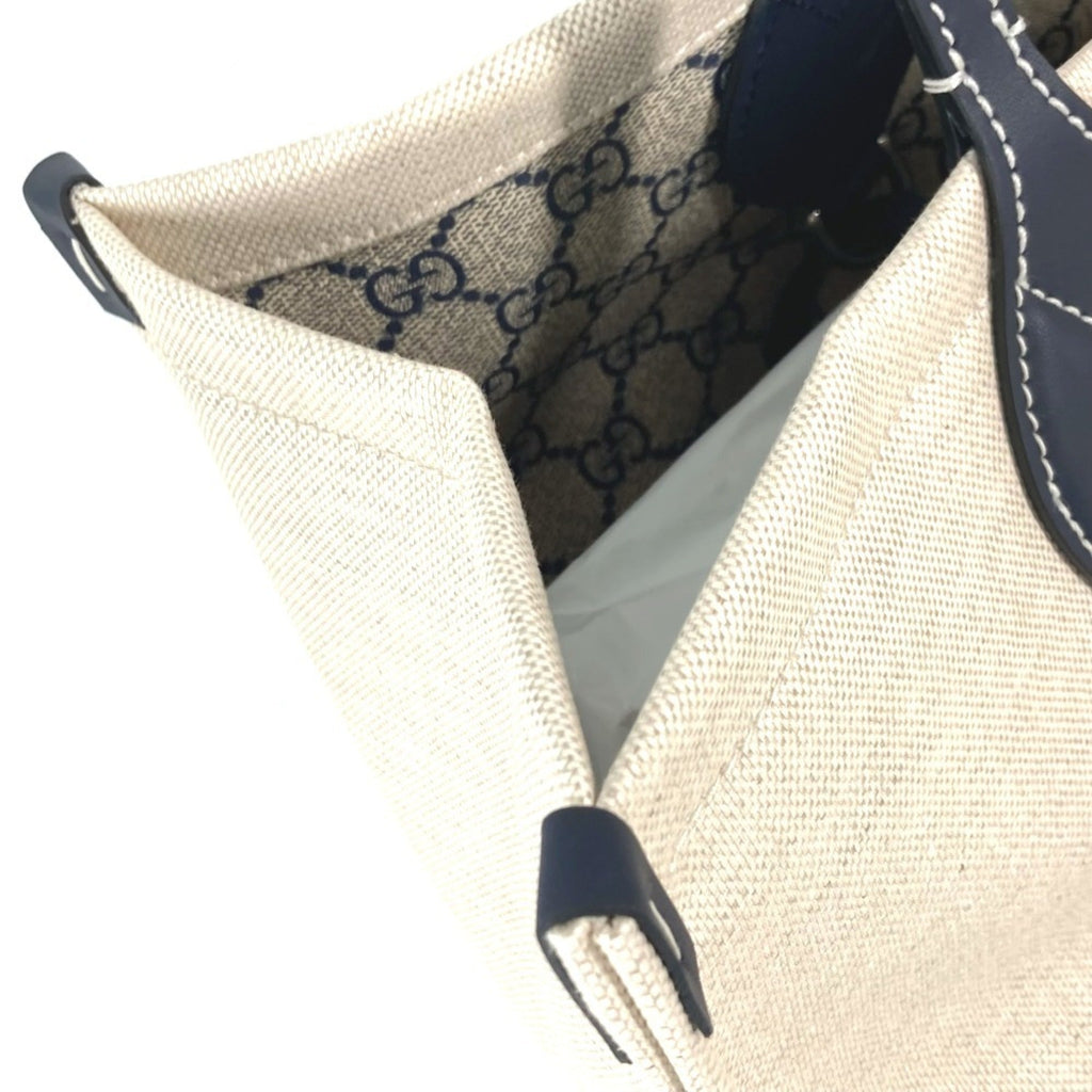 Gucci Beige Black Dark Navy Canvas Leather Shoulder Bag Tote Bag (Pre-Owned)