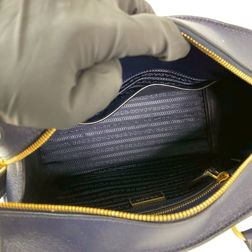Prada Navy Leather Boston Bag Handbag Shoulder Bag (Pre-Owned)