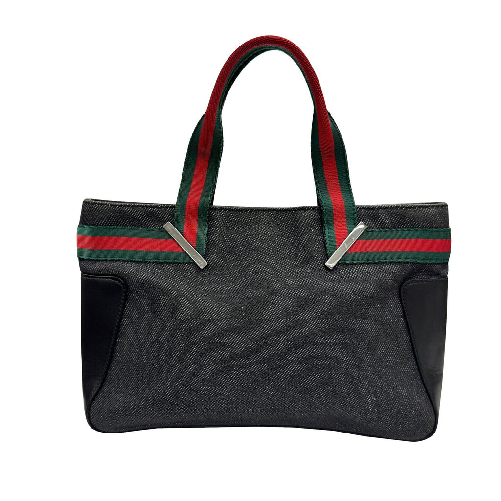 Gucci Sherry Line Black Denim Leather Handbag Tote Bag (Pre-Owned)