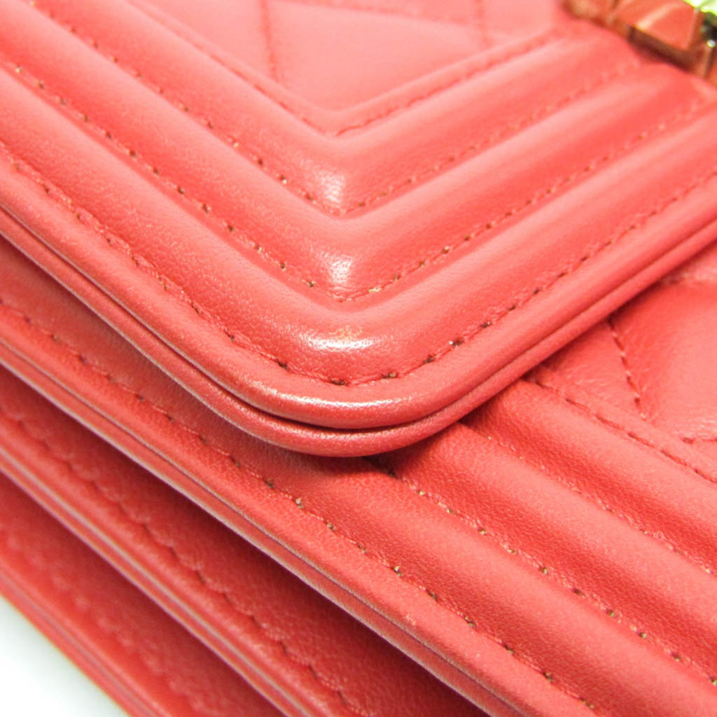 Chanel North South Boy Flap Bag Quilted Calfskin Red Leather Shoulder Bag Bag (Pre-Owned)