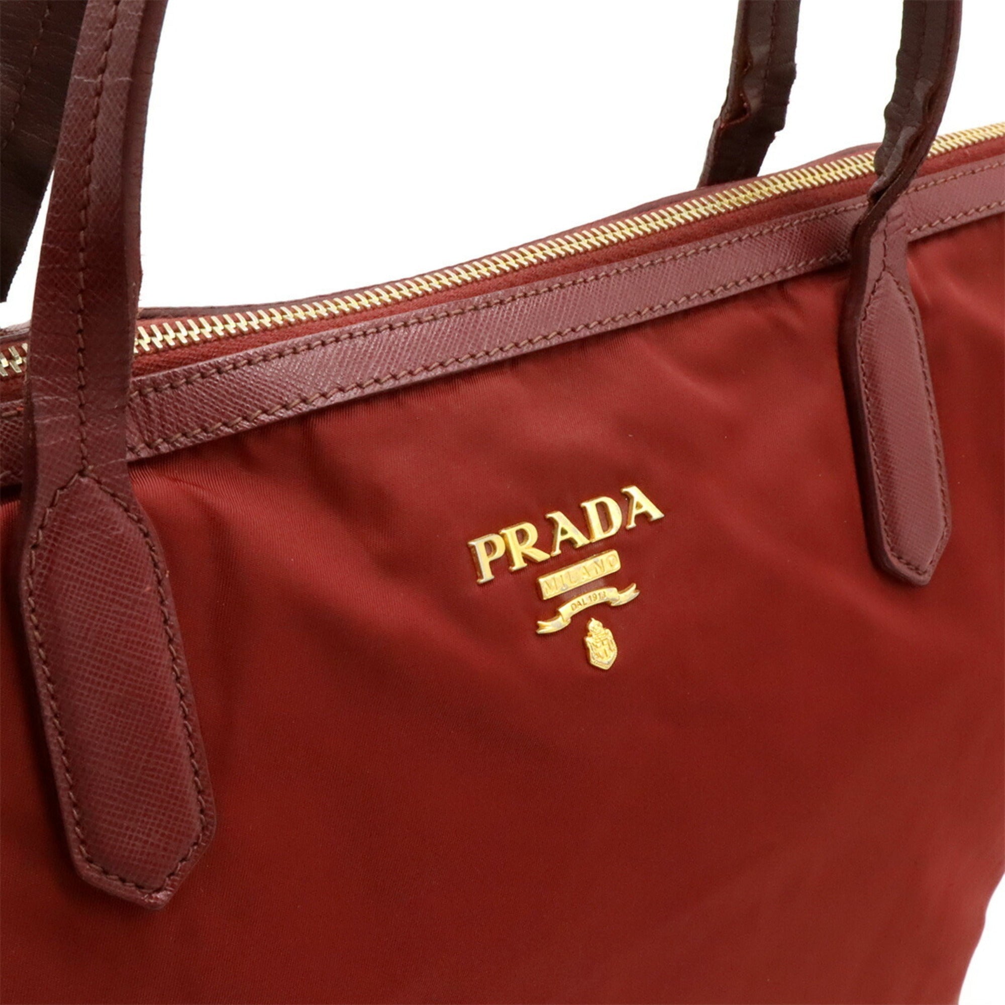 Prada Red Color Wine Nylon Leather Shoulder Bag Tote Bag (Pre-Owned)