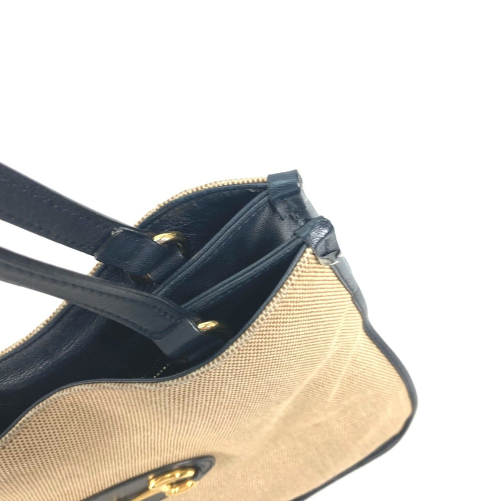 Gucci Beige Navy Canvas Leather Shoulder Bag Tote Bag (Pre-Owned)