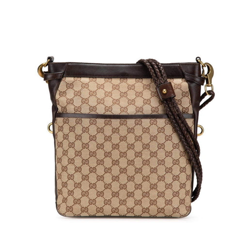 Gucci Beige Brown Canvas Leather Shoulder Bag (Pre-Owned)