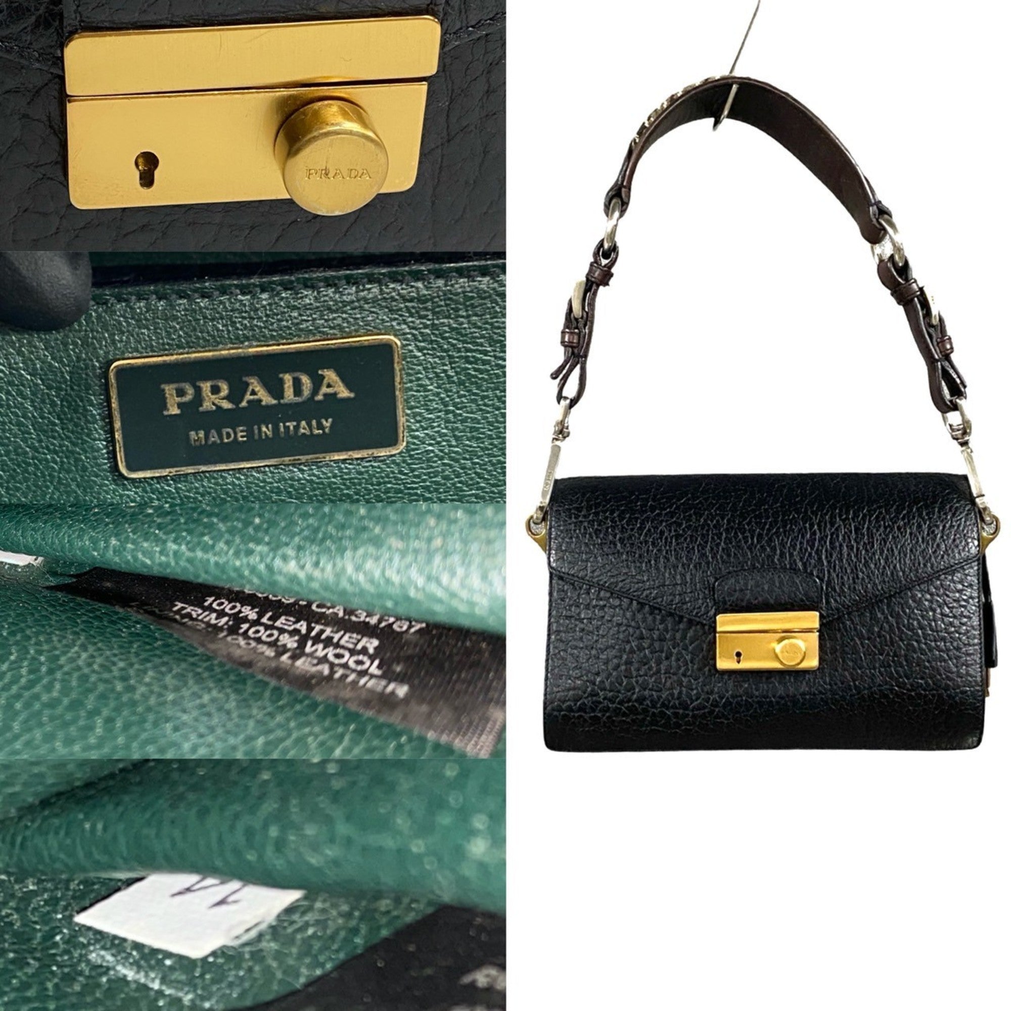 Prada Black Brown Tweed Leather Handbag Shoulder Bag (Pre-Owned)