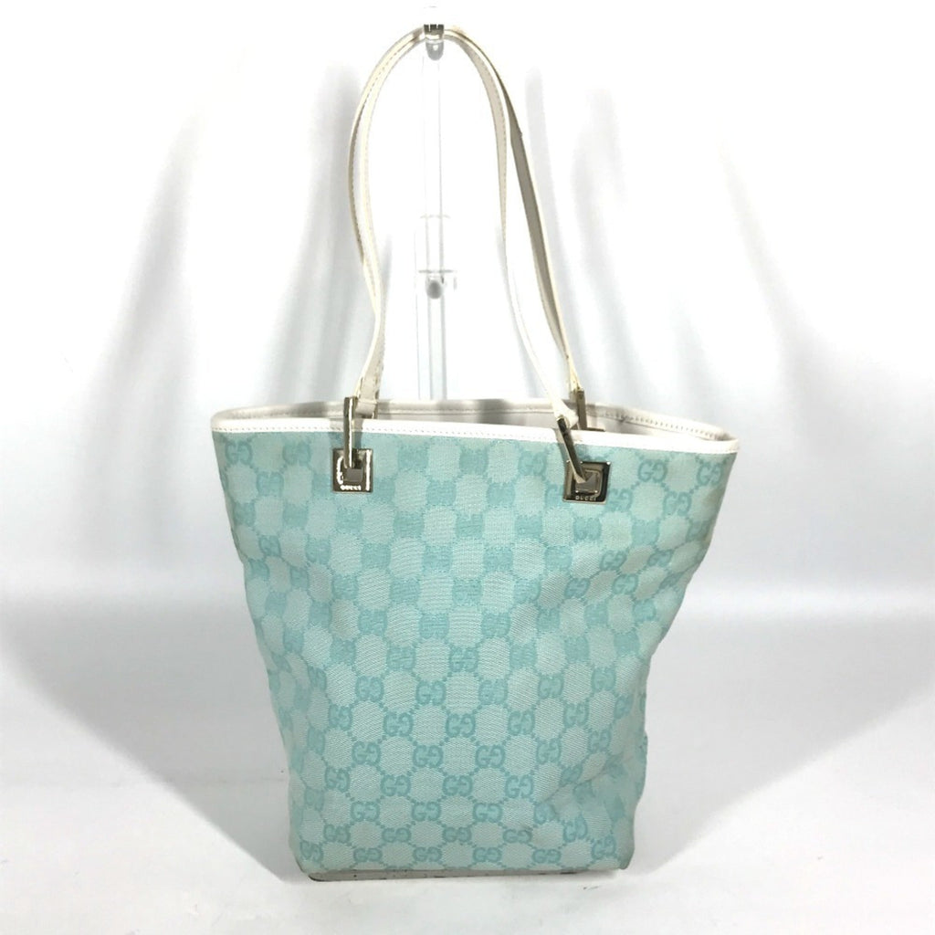 Gucci Blue White Canvas Leather Shoulder Bag Tote Bag (Pre-Owned)