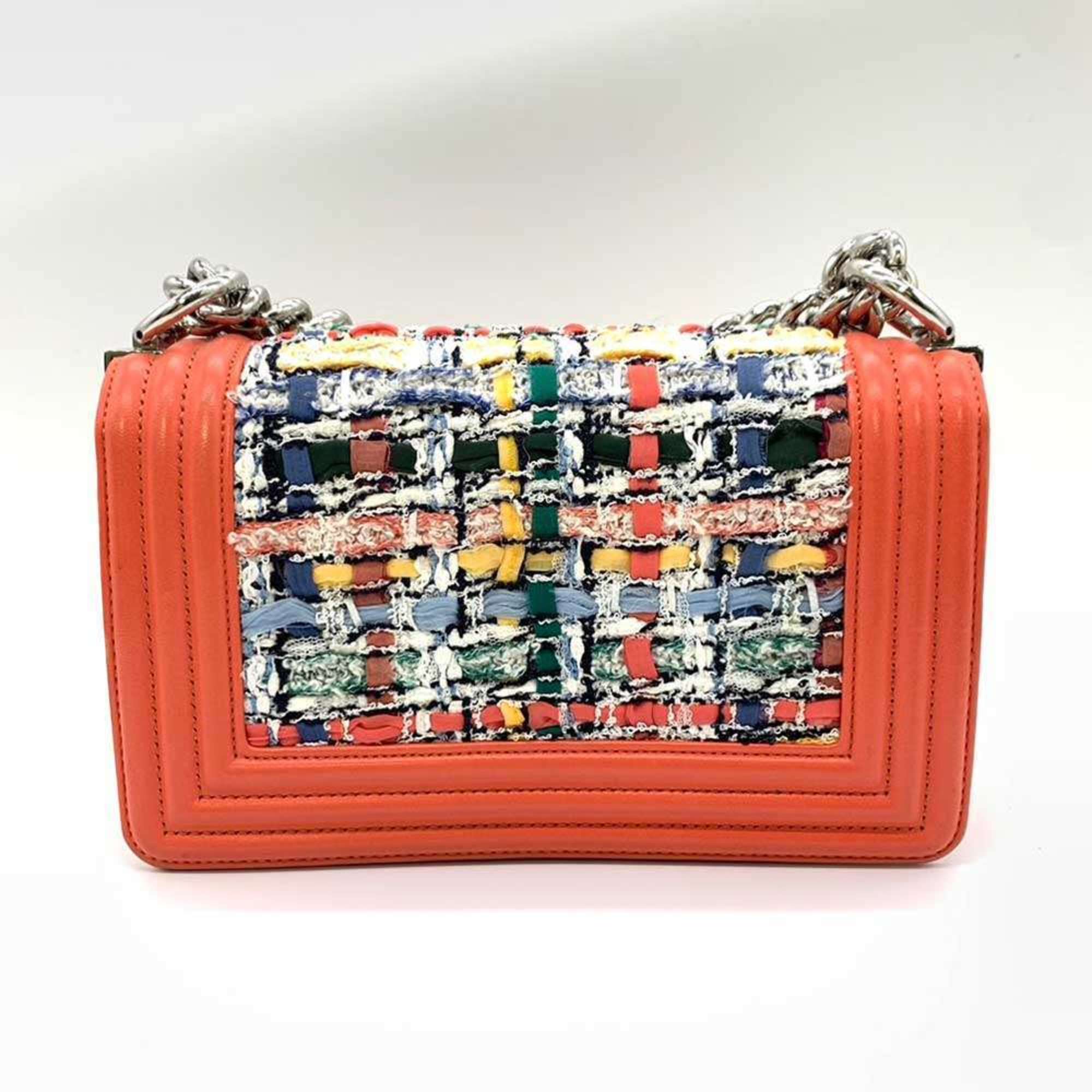Chanel Boy Chanel Coral Orange Multi-Color Tweed Leather Shoulder Bag (Pre-Owned)