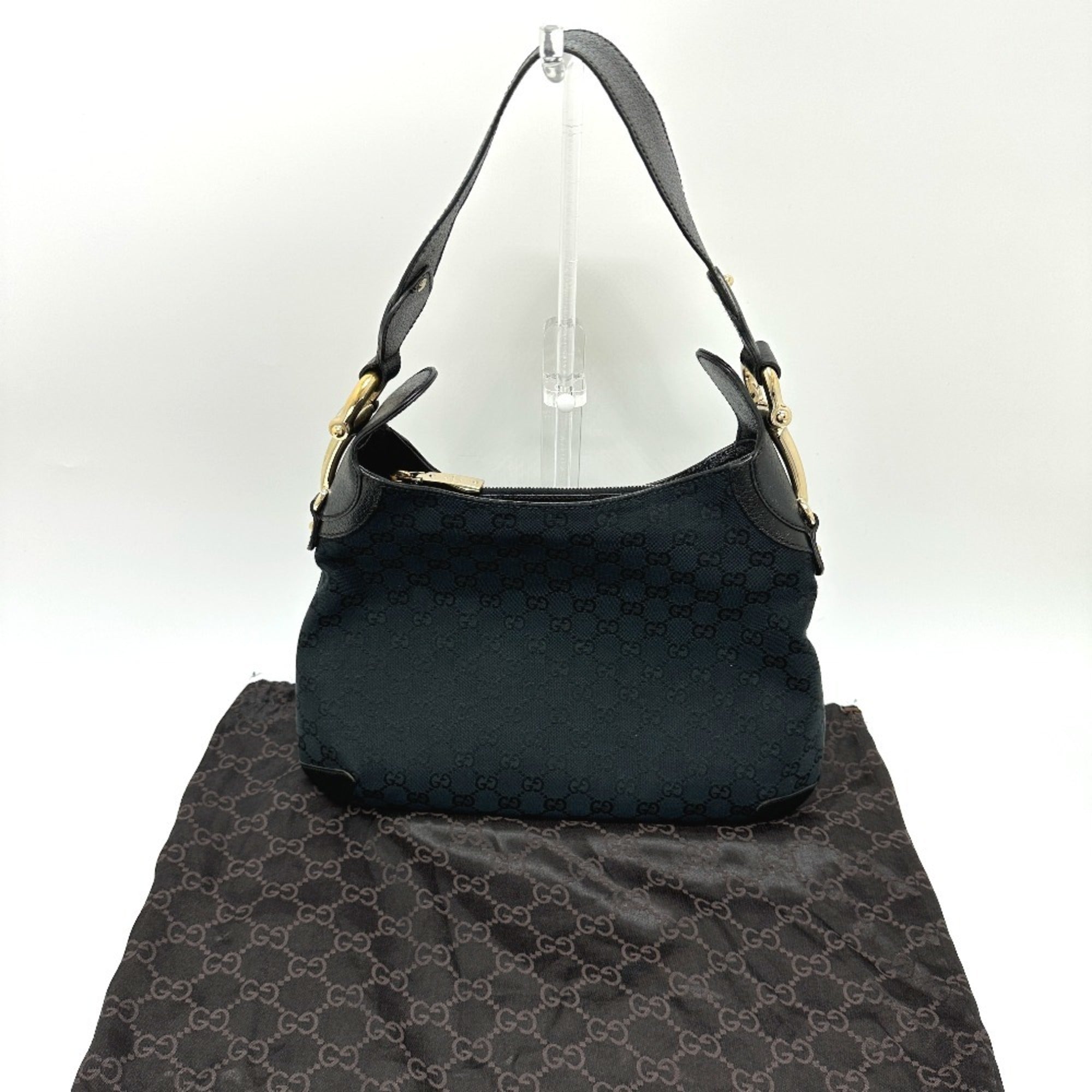Gucci Horsebit Black Gg Canvas Leather Handbag Shoulder Bag (Pre-Owned)