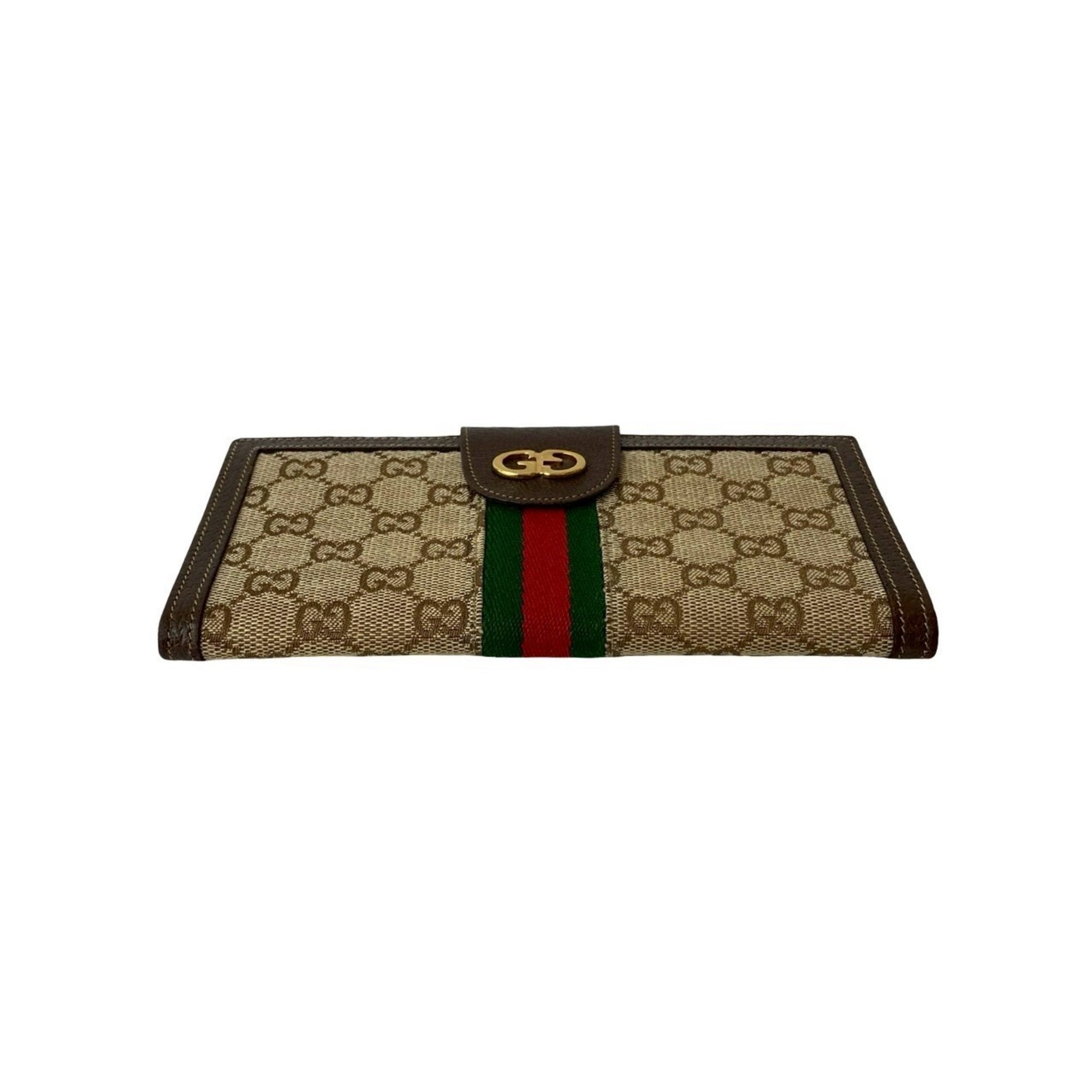 Gucci Brown Green Red Color Leather Canvas Long Wallet (Bi-Fold) (Pre-Owned)