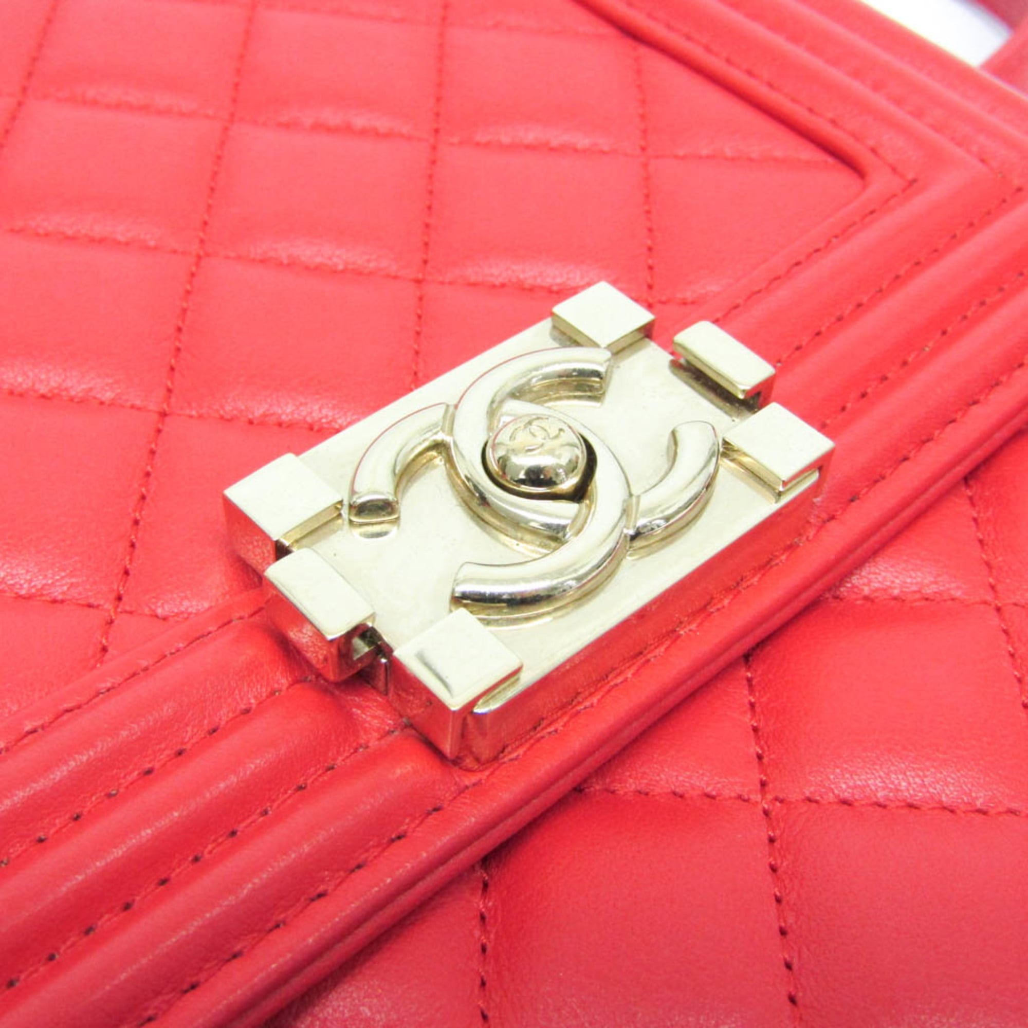 Chanel North South Boy Flap Bag Quilted Calfskin Red Leather Shoulder Bag Bag (Pre-Owned)