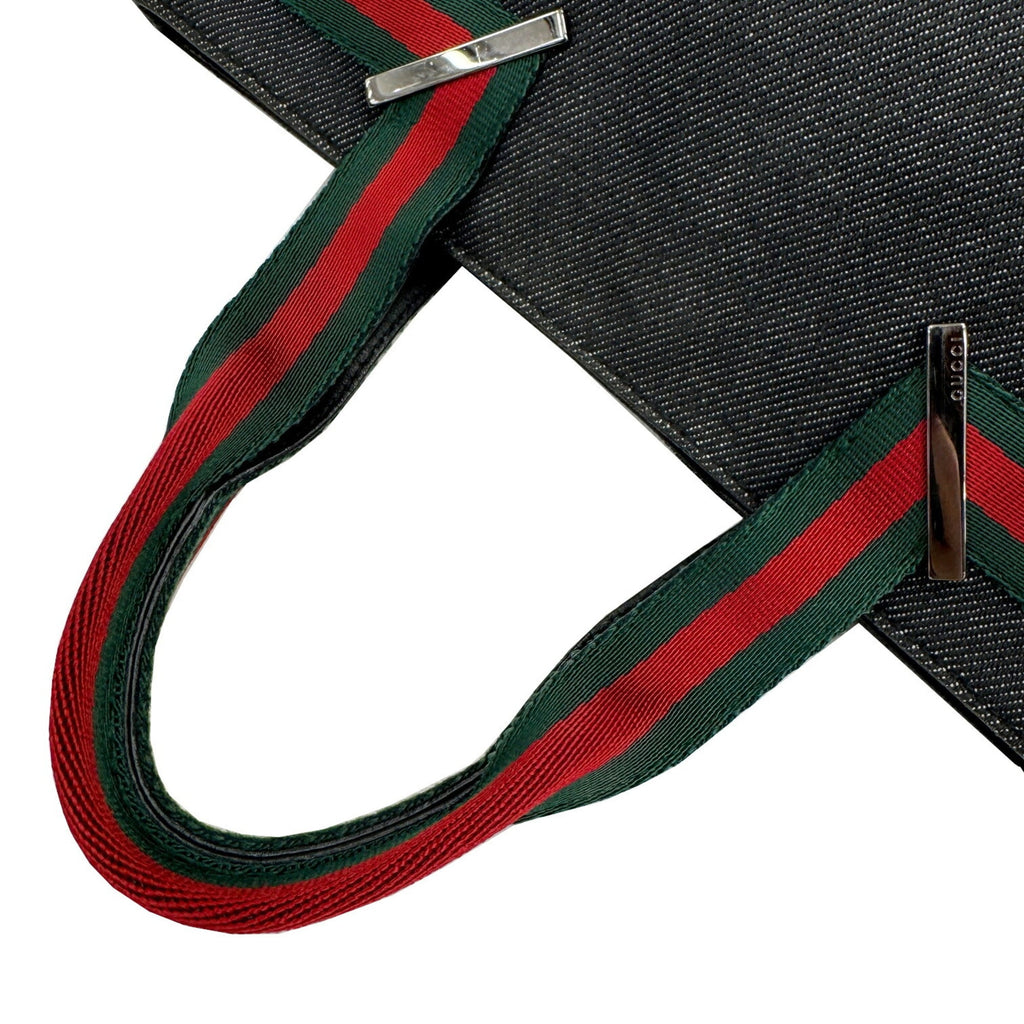 Gucci Sherry Line Black Denim Leather Handbag Tote Bag (Pre-Owned)