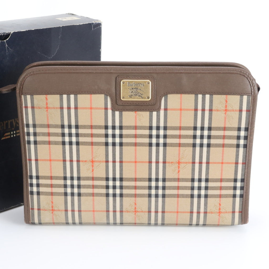 Burberry Brown Leather Canvas Pouch (Pre-Owned)