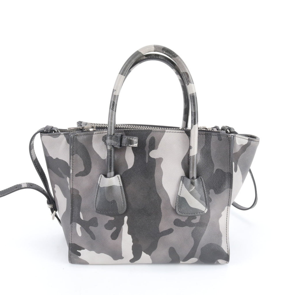 Prada Saffiano Black Gray Leather Shoulder Bag (Pre-Owned)