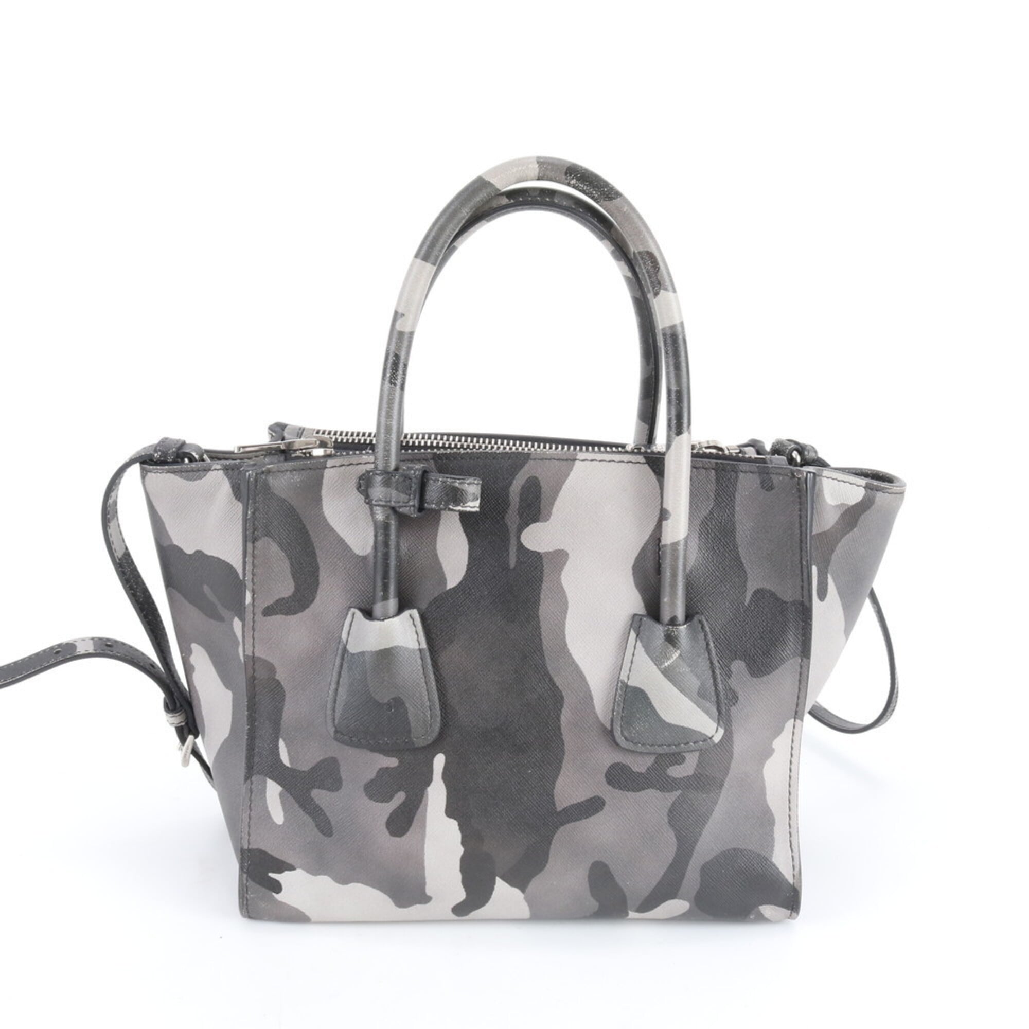 Prada Saffiano Black Gray Leather Shoulder Bag (Pre-Owned)