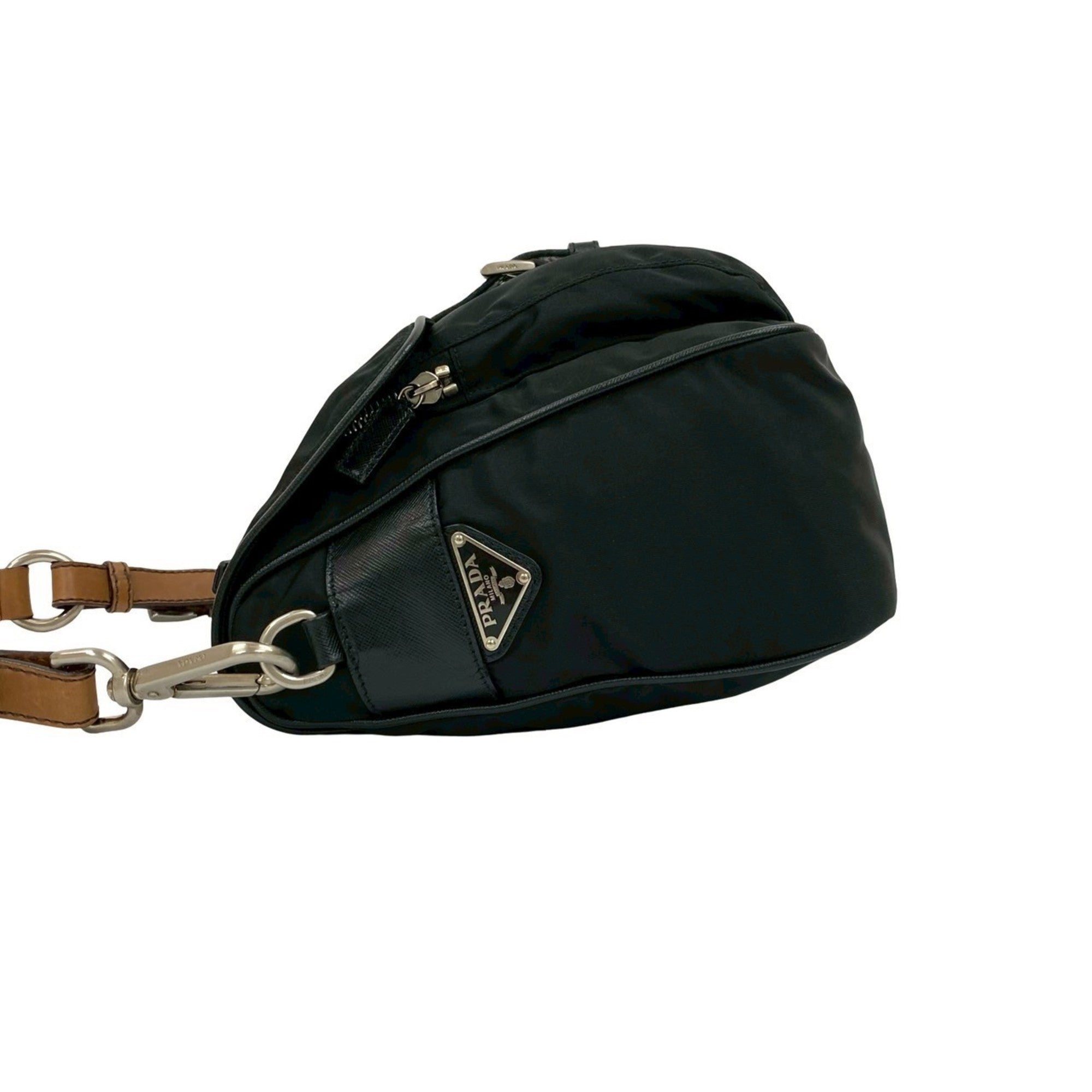 Prada Black Brown Leather Nylon Handbag Shoulder Bag (Pre-Owned)
