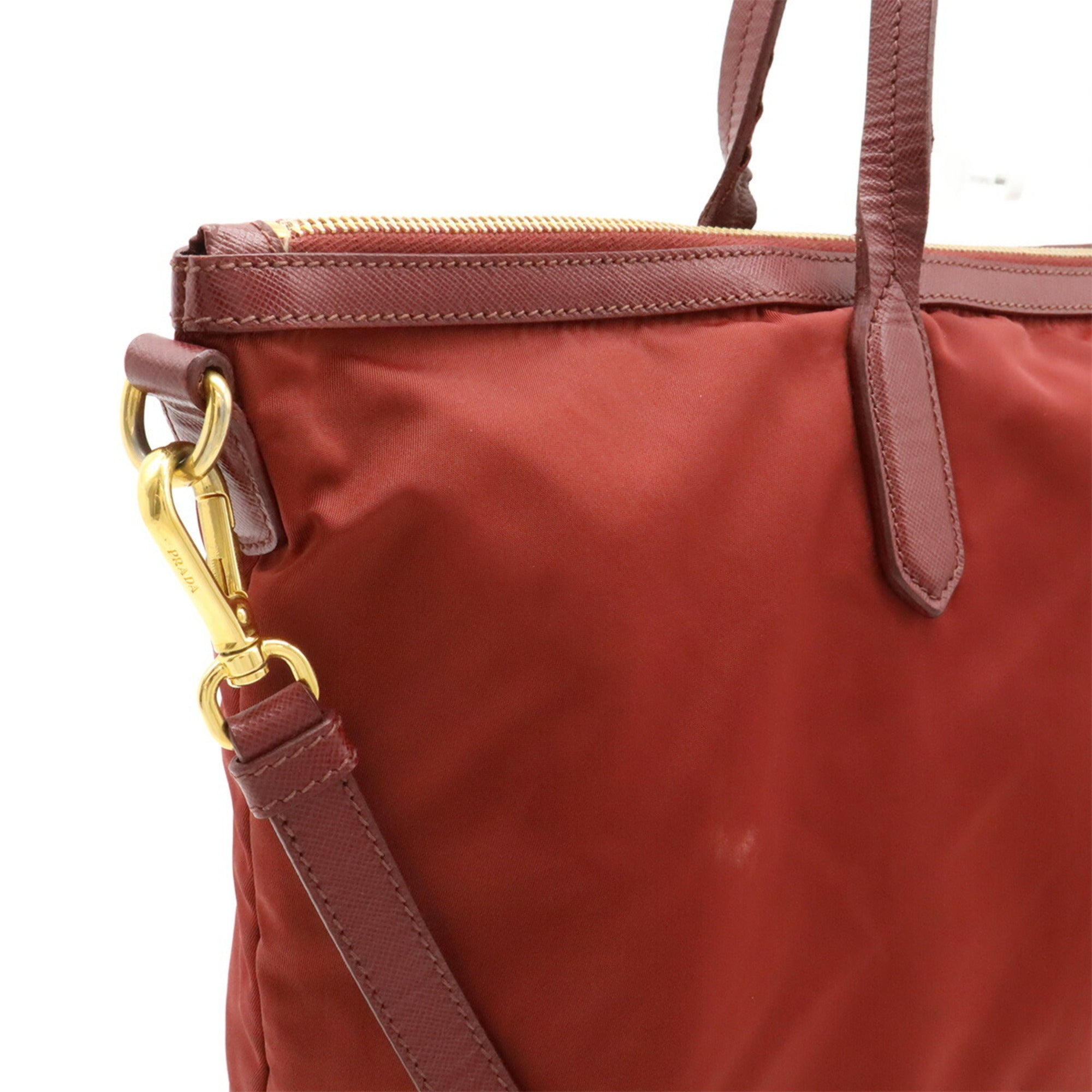 Prada Red Color Wine Nylon Leather Shoulder Bag Tote Bag (Pre-Owned)