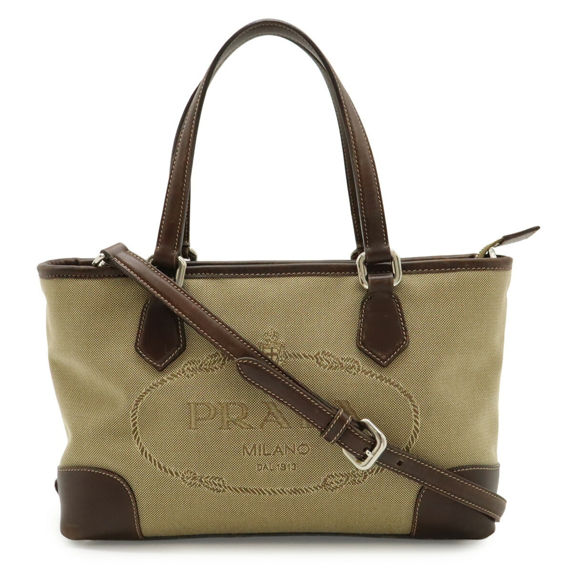 Prada Beige Dark Brown Khaki Canvas Leather Handbag Shoulder Bag (Pre-Owned)