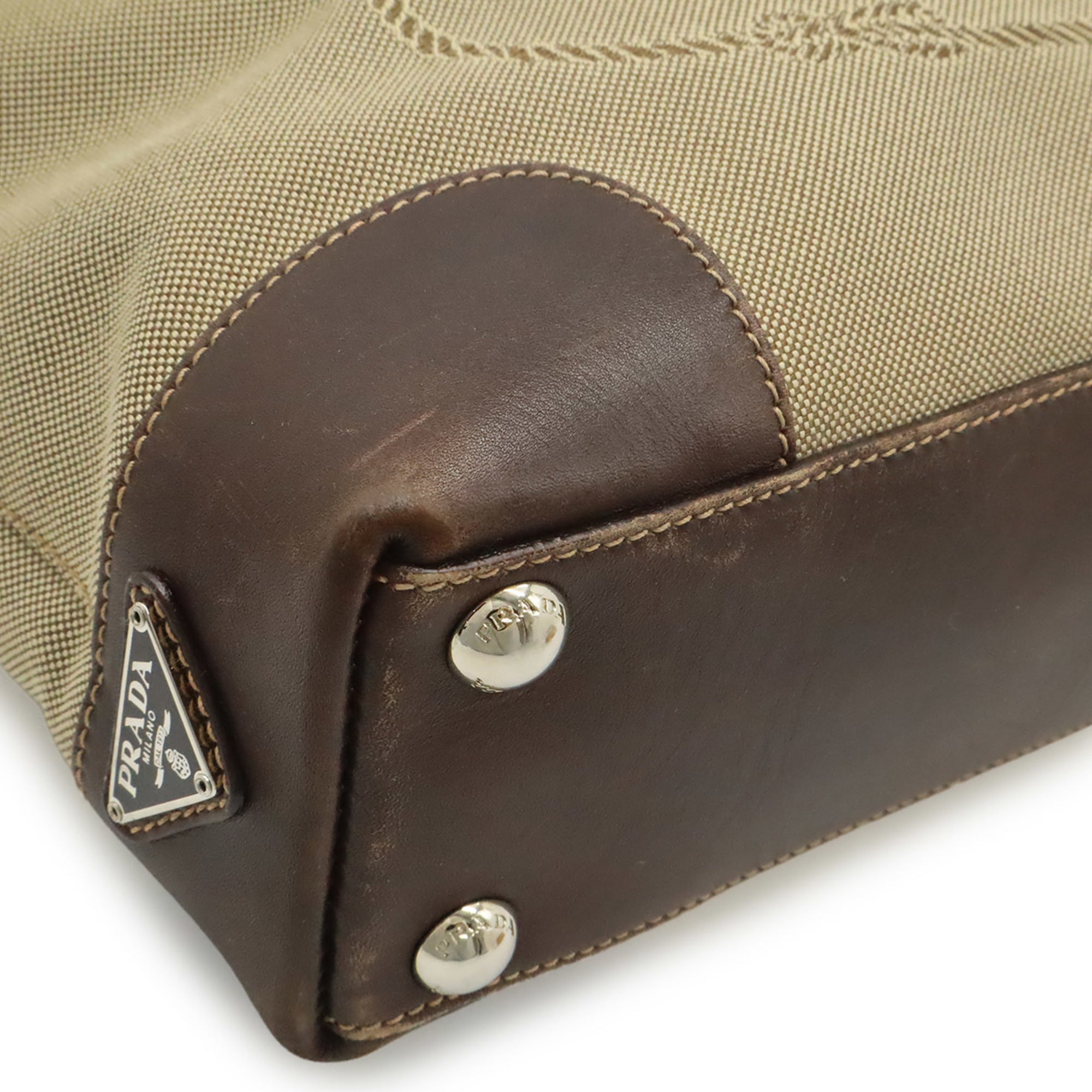 Prada Beige Dark Brown Khaki Canvas Leather Handbag Shoulder Bag (Pre-Owned)