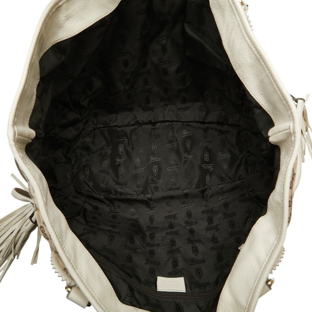 Gucci Gg Canvas Beige White Gg Canvas Leather Shoulder Bag Tote Bag (Pre-Owned)