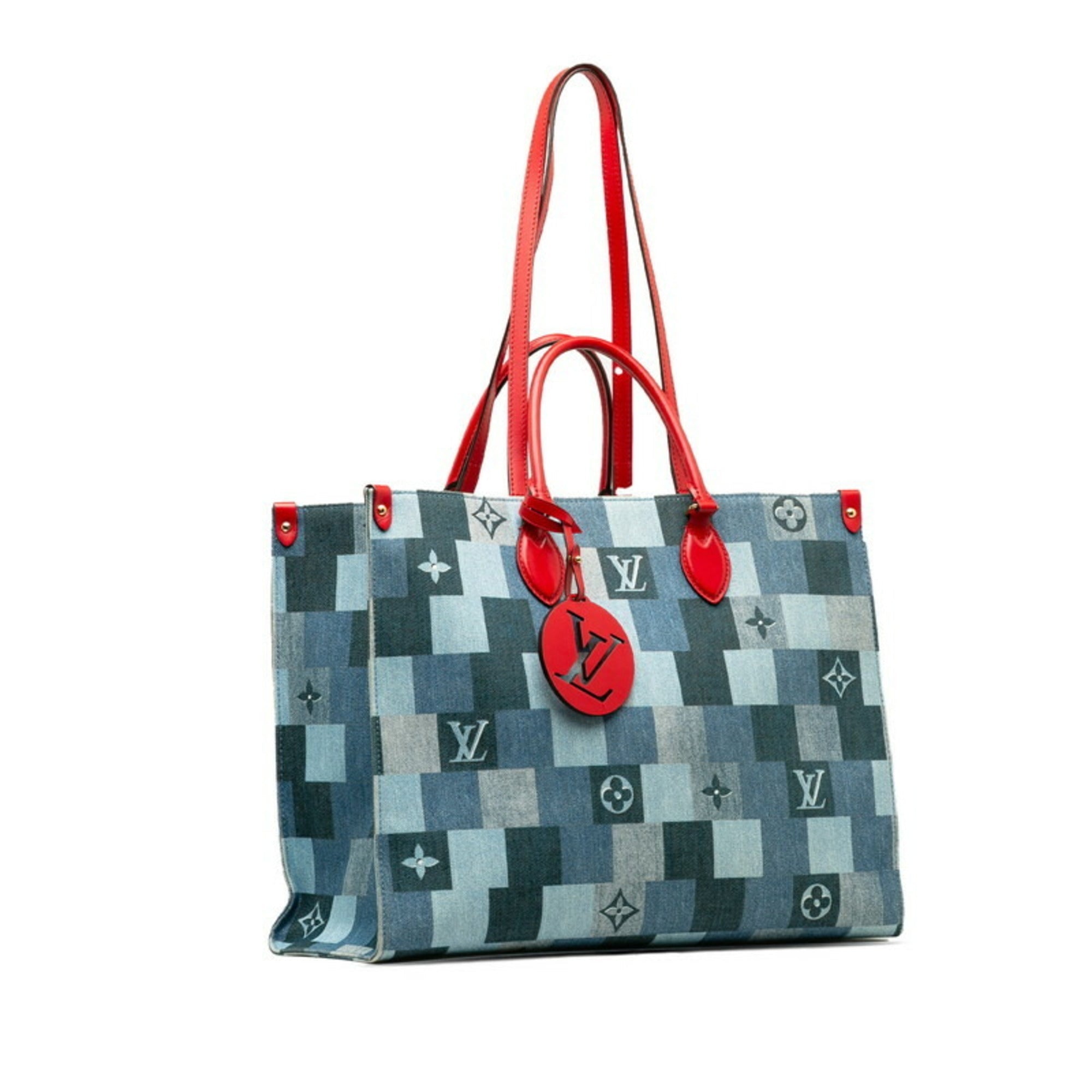 Louis Vuitton Blue Red Color Denim Leather Shoulder Bag Tote Bag (Pre-Owned)