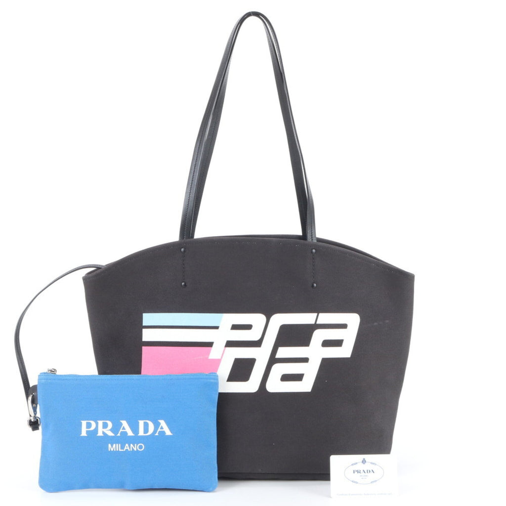 Prada Black Blue White Leather Canvas Handbag Tote Bag (Pre-Owned)