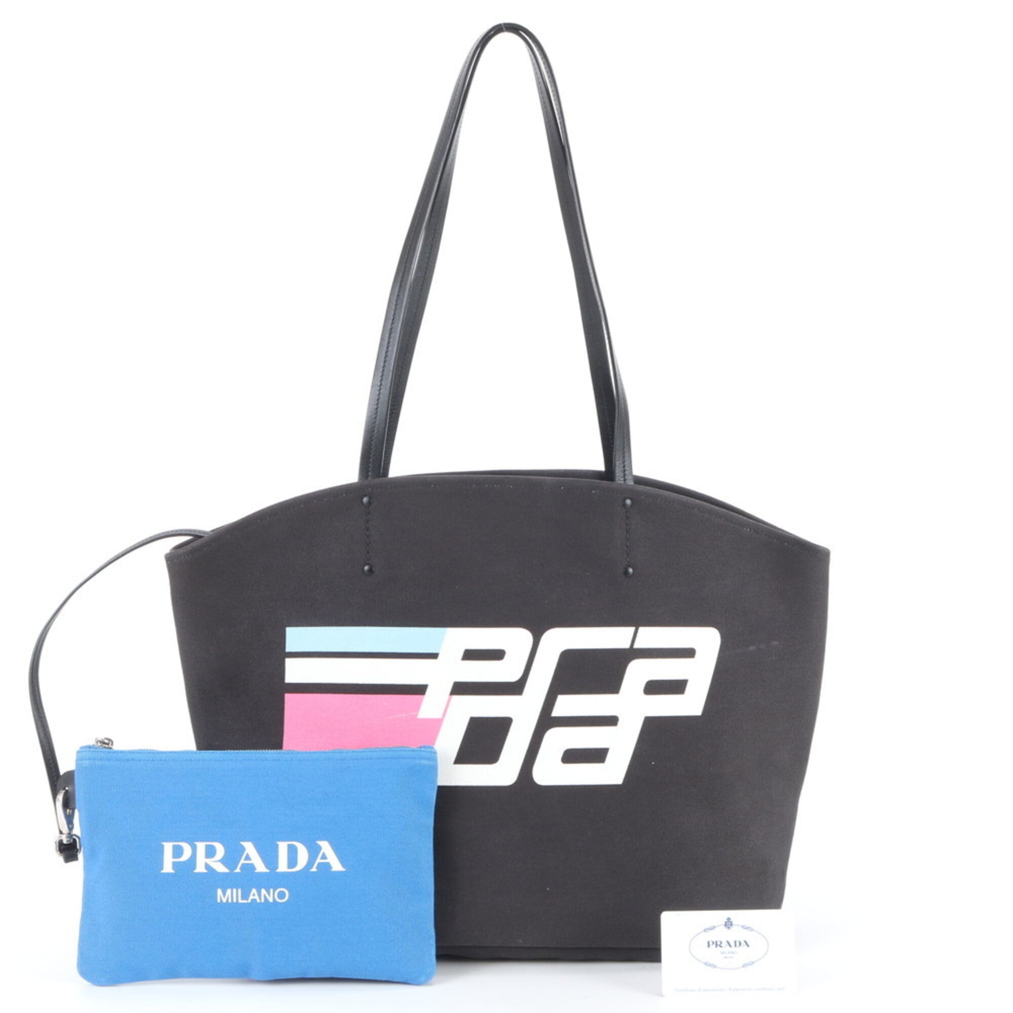 Prada Black Blue White Leather Canvas Handbag Tote Bag (Pre-Owned)