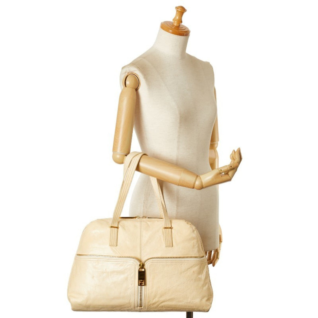 Fendi Zucca Beige Zucca Leather Shoulder Bag Tote Bag (Pre-Owned)