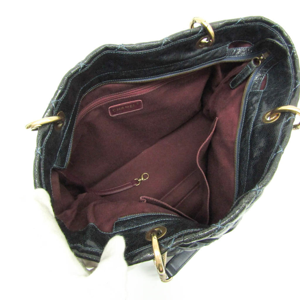 Chanel Matelasse Black Navy Grained Calfskin Tote Bag (Pre-Owned)