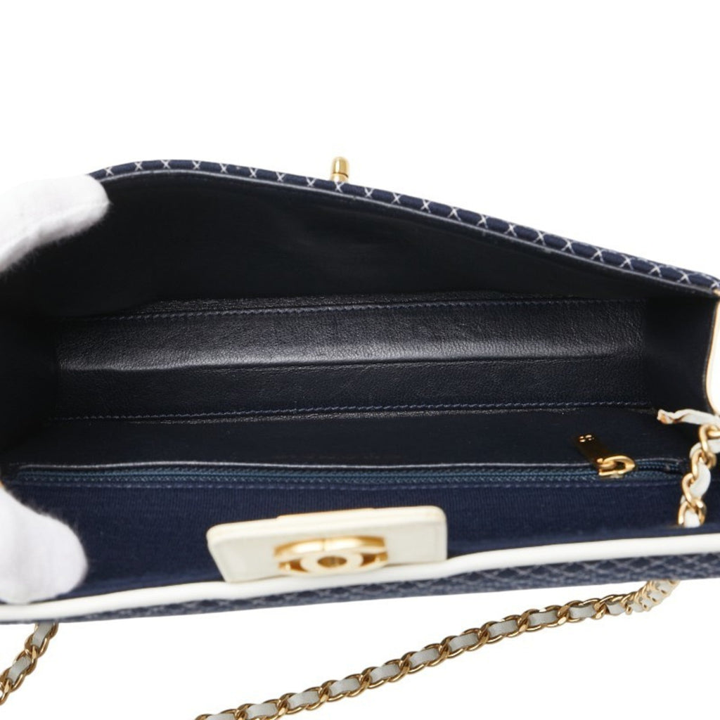 Chanel Navy White Canvas Patent Leather Shoulder Bag (Pre-Owned)