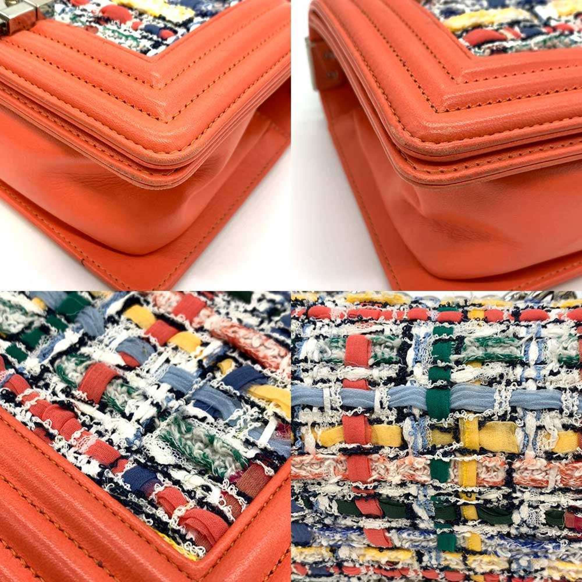 Chanel Boy Chanel Coral Orange Multi-Color Tweed Leather Shoulder Bag (Pre-Owned)
