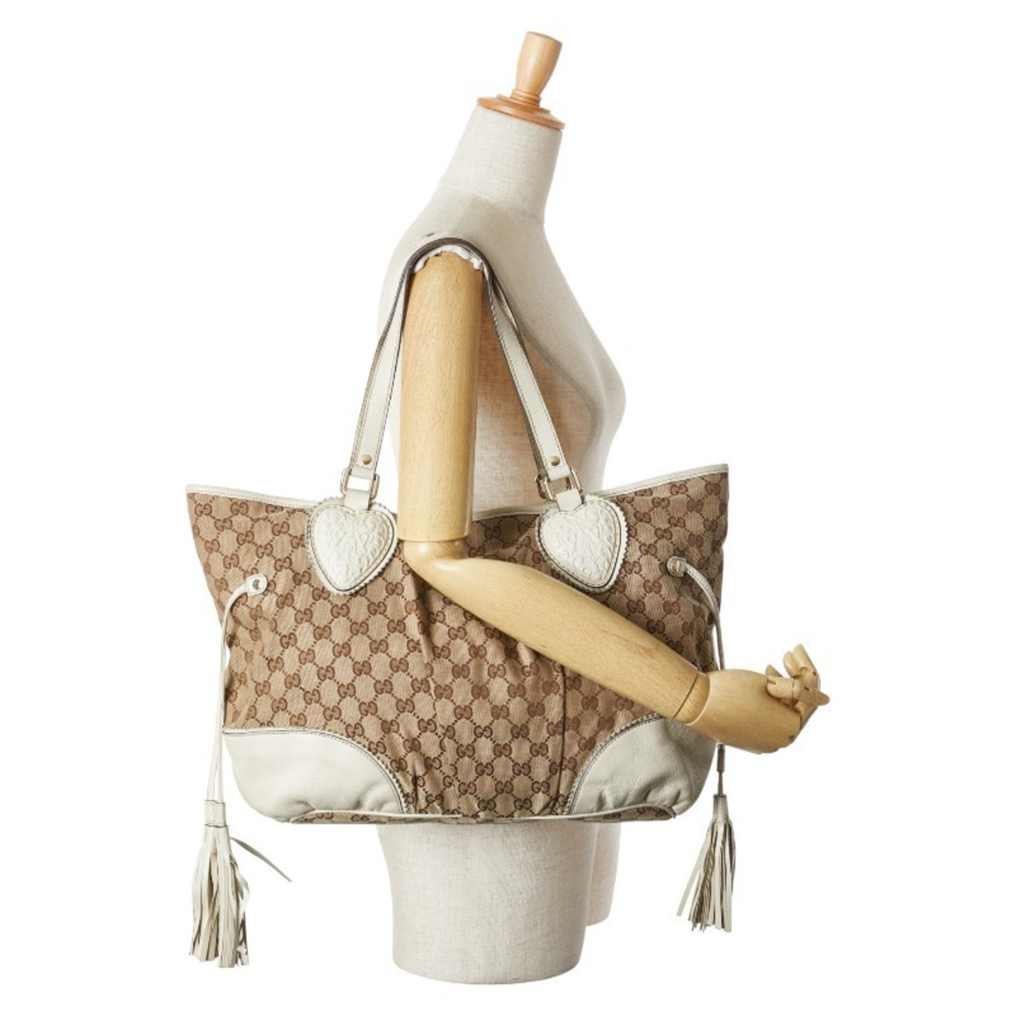Gucci Gg Canvas Beige White Gg Canvas Leather Shoulder Bag Tote Bag (Pre-Owned)