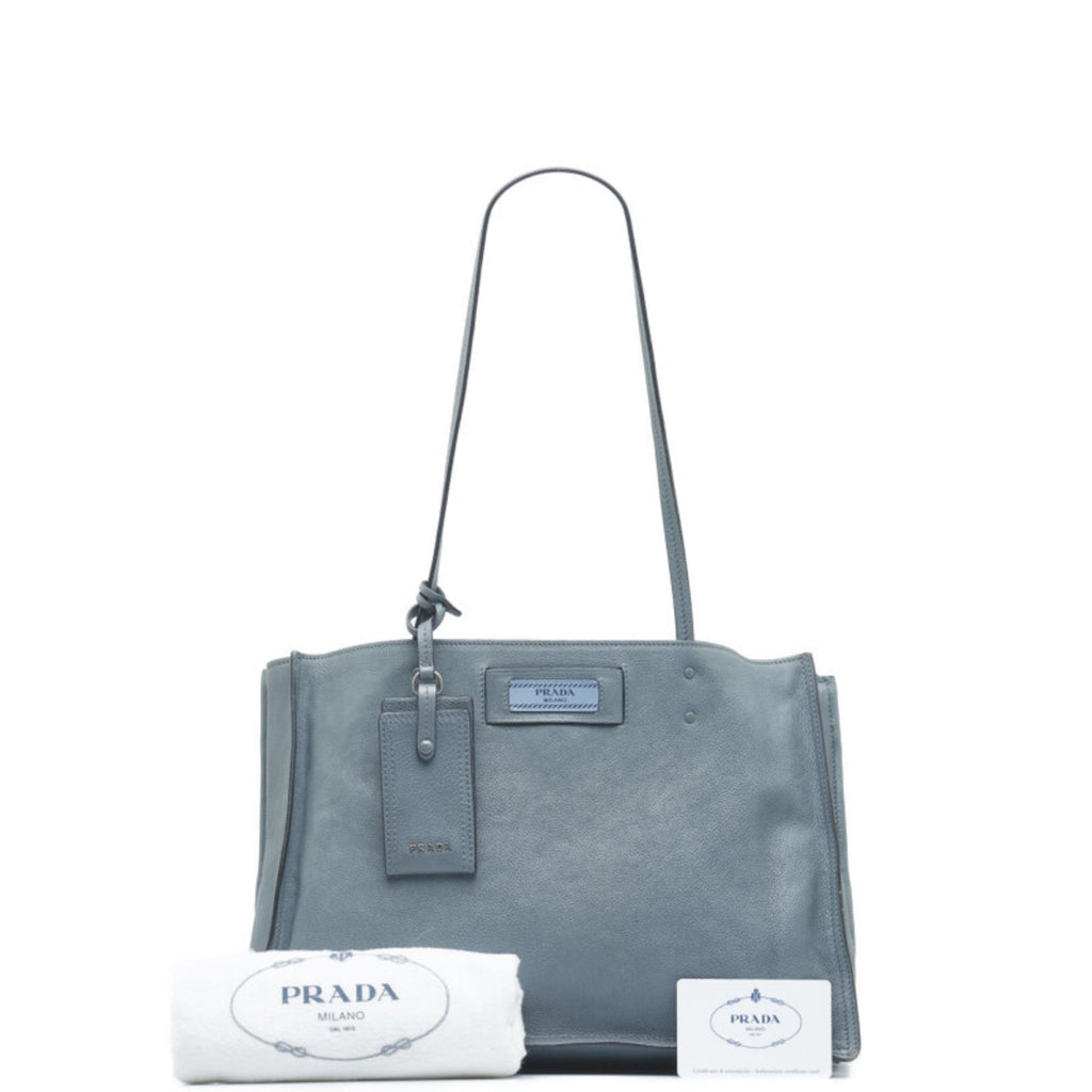 Prada Blue Light Blue Gray Leather Shoulder Bag Tote Bag (Pre-Owned)