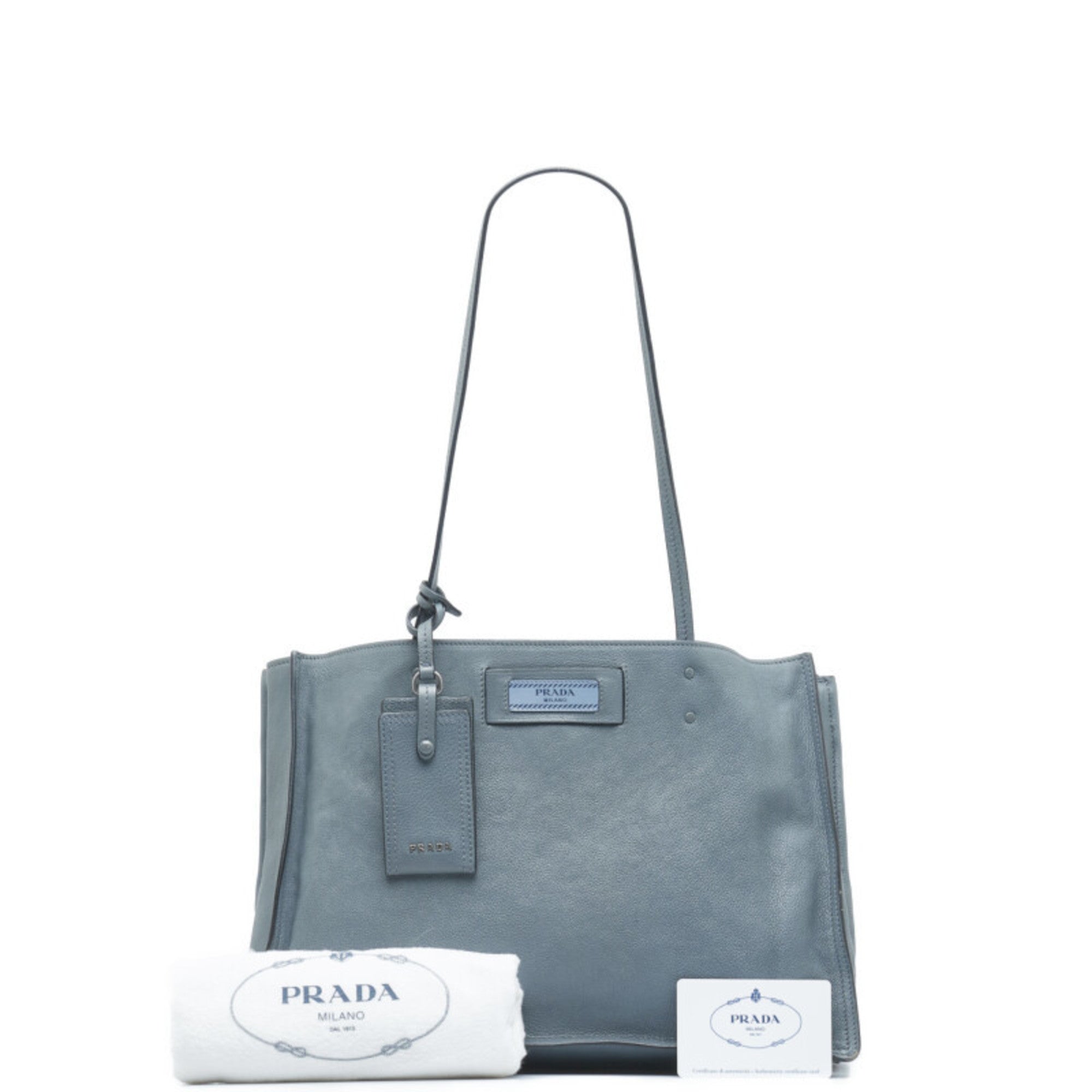 Prada Blue Light Blue Gray Leather Shoulder Bag Tote Bag (Pre-Owned)