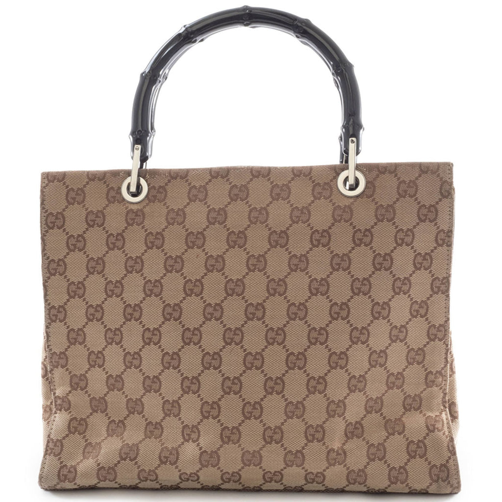 Gucci Beige Black Bamboo Canvas Handbag (Pre-Owned)