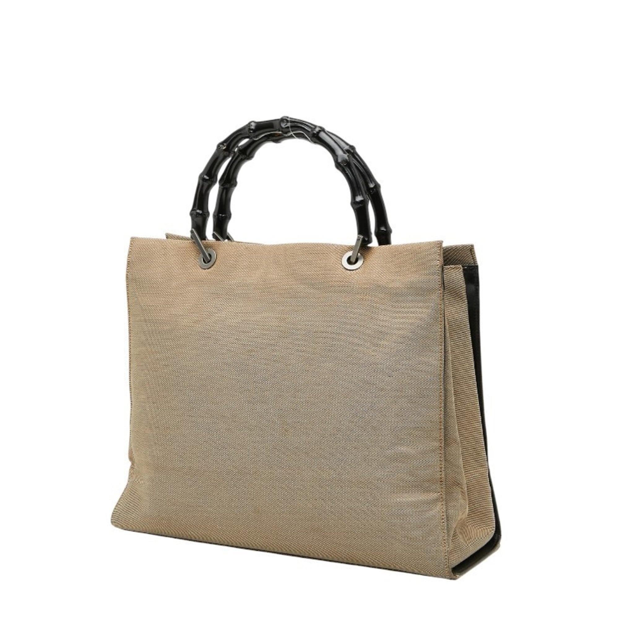 Gucci Bamboo Beige Black Canvas Handbag Tote Bag (Pre-Owned)