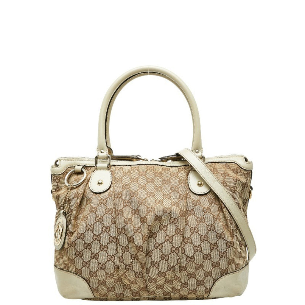 Gucci Beige Brown Canvas Leather Shoulder Bag Tote Bag (Pre-Owned)