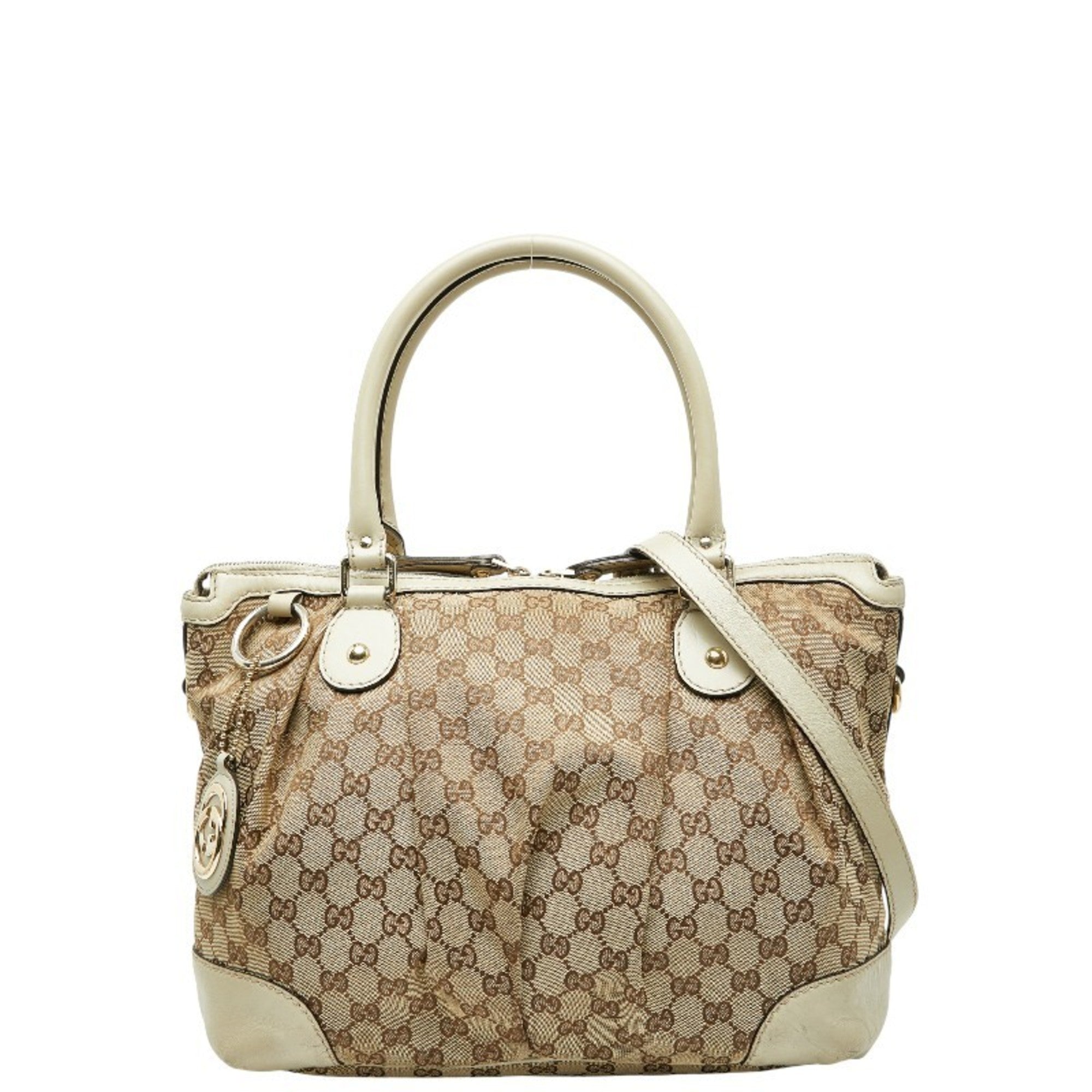 Gucci Beige Brown Canvas Leather Shoulder Bag Tote Bag (Pre-Owned)