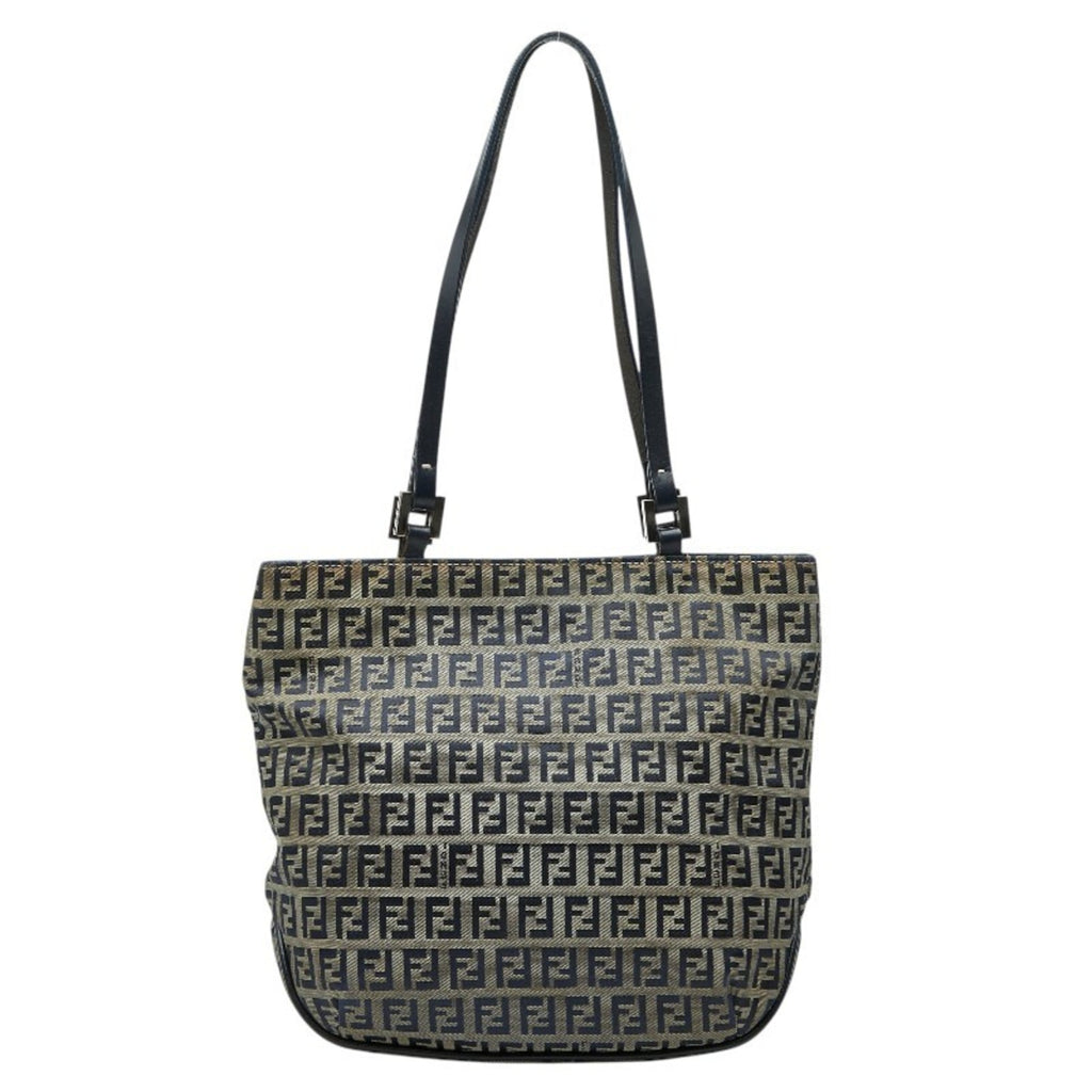 Fendi Gray Navy Canvas Leather Handbag Shoulder Bag Tote Bag (Pre-Owned)
