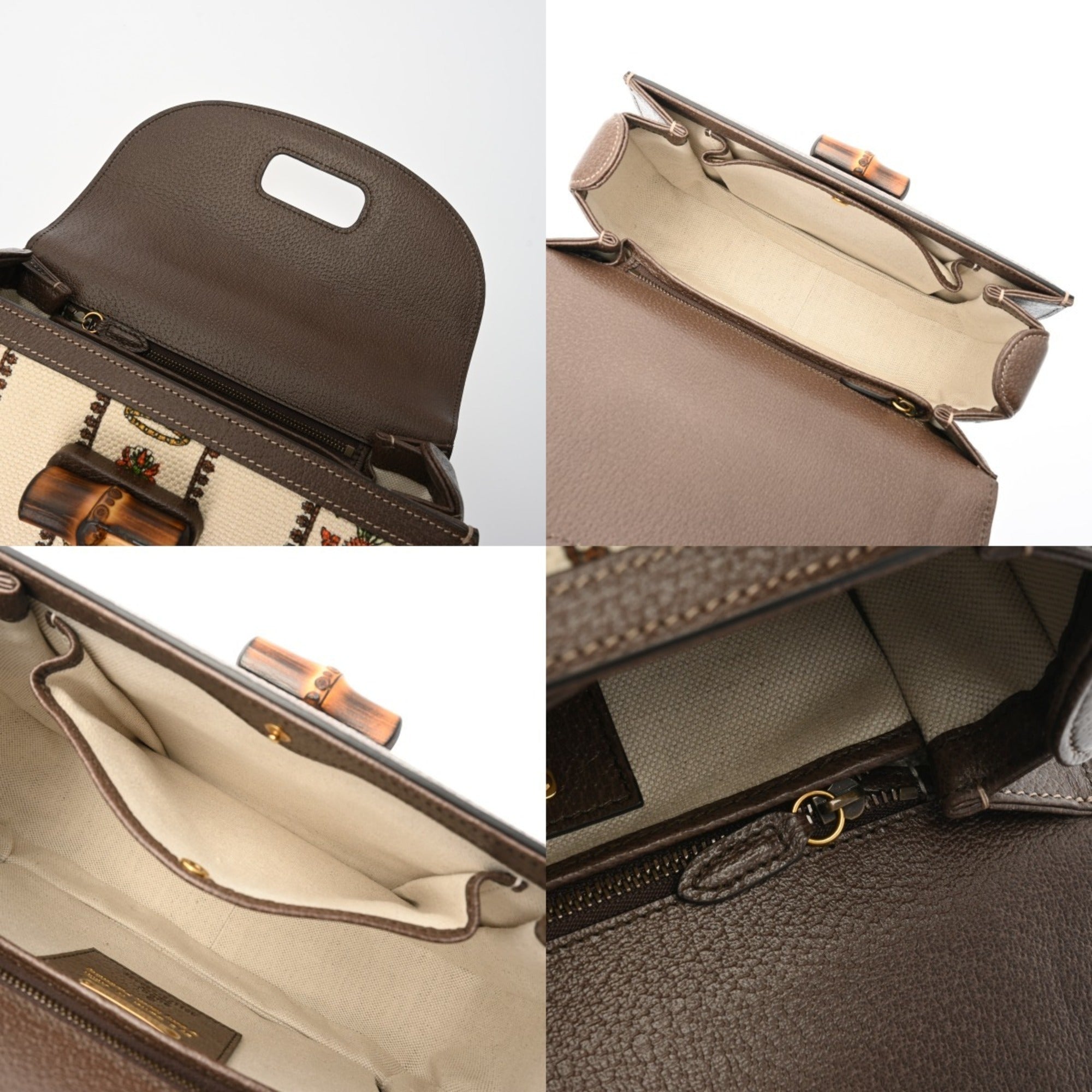 Gucci Beige Green Canvas Leather Handbag (Pre-Owned)