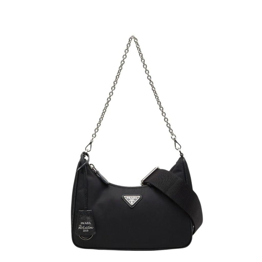 Prada Black Nylon Leather Handbag Shoulder Bag (Pre-Owned)