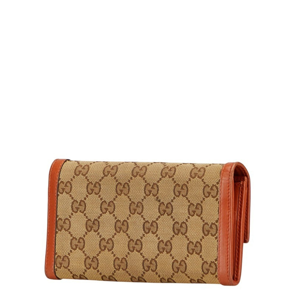 Gucci Beige Brown Gg Canvas Leather Long Wallet (Bi-Fold) (Pre-Owned)
