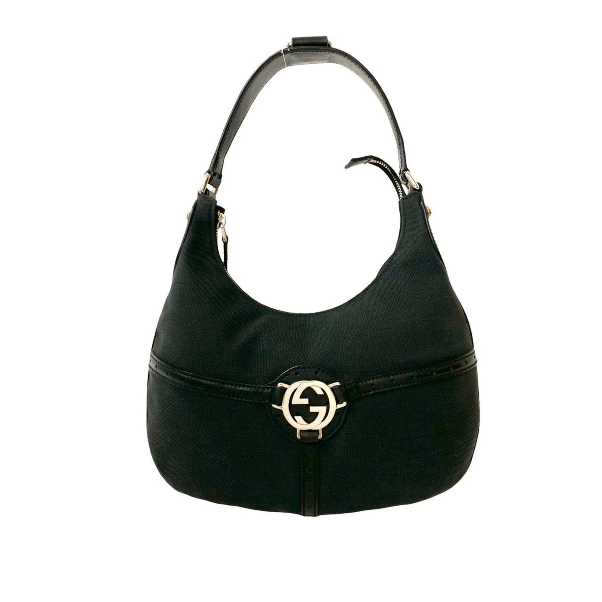 Gucci Black Leather Canvas Handbag Shoulder Bag (Pre-Owned)