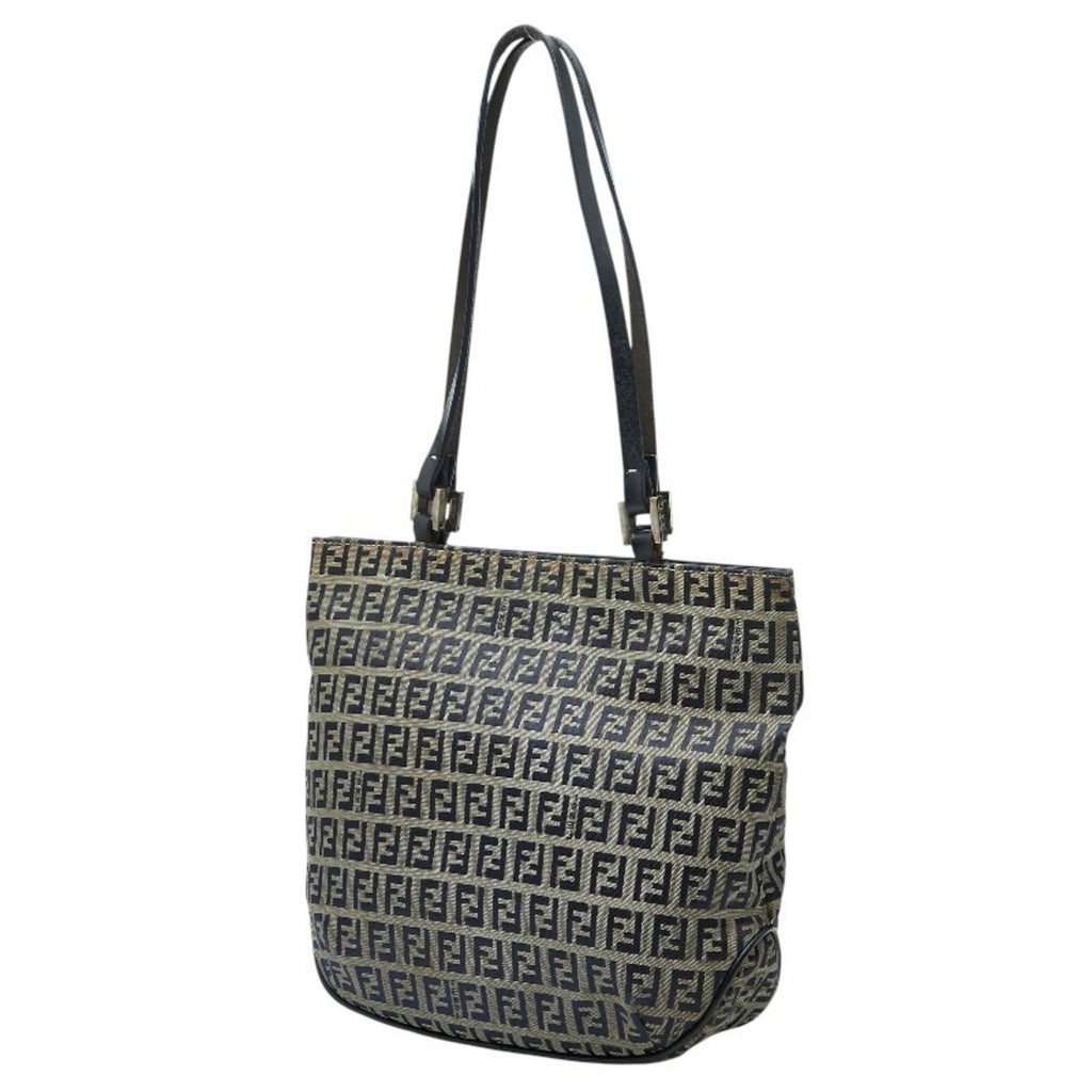 Fendi Gray Navy Canvas Leather Handbag Shoulder Bag Tote Bag (Pre-Owned)