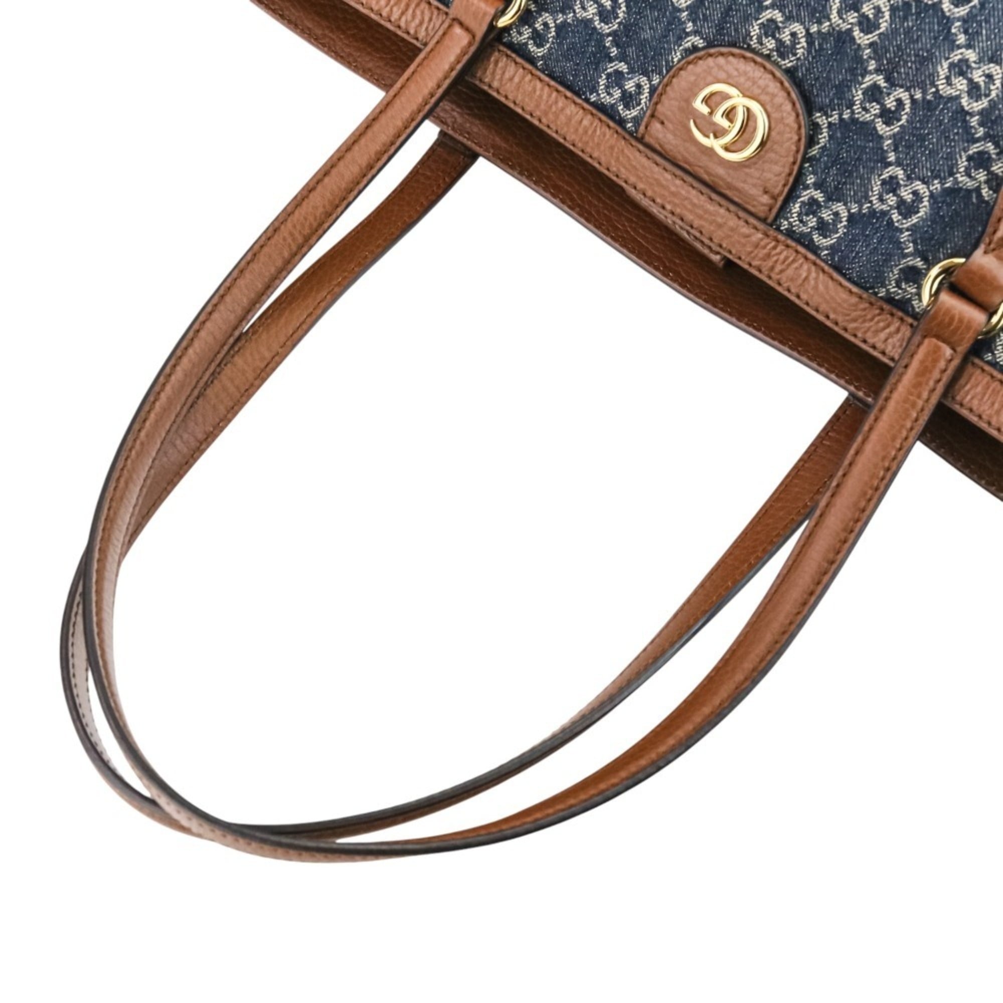 Gucci Brown Dark Blue Denim Leather Tote Bag (Pre-Owned)