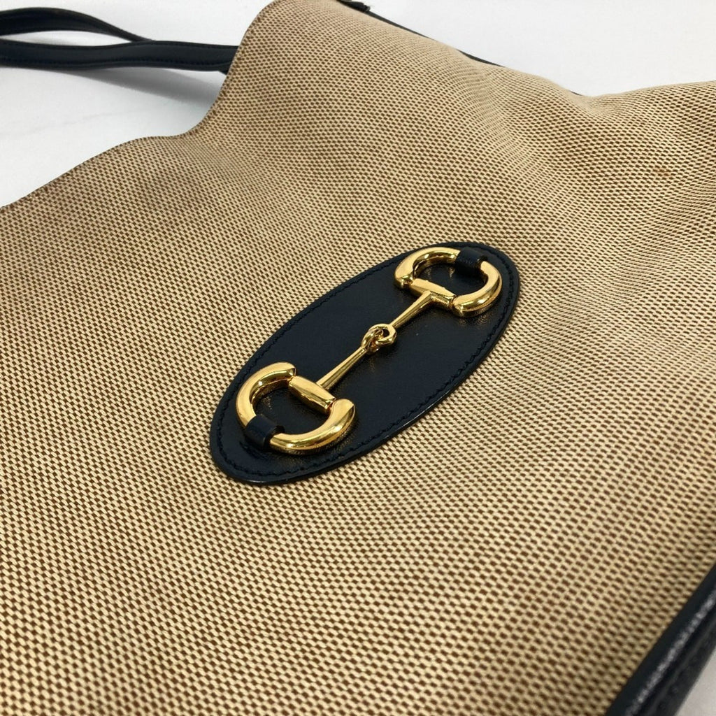 Gucci Beige Navy Canvas Leather Shoulder Bag Tote Bag (Pre-Owned)