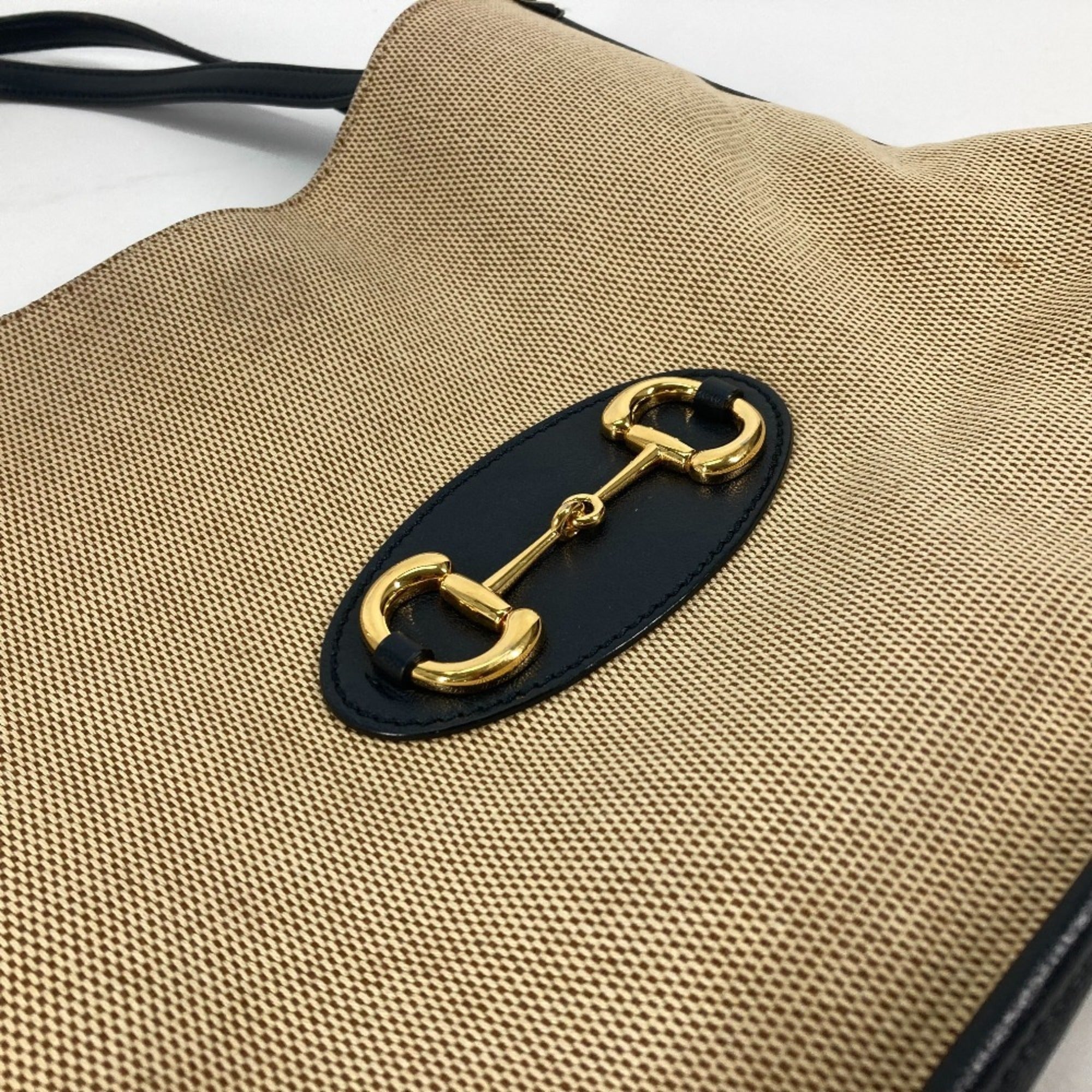 Gucci Beige Navy Canvas Leather Shoulder Bag Tote Bag (Pre-Owned)