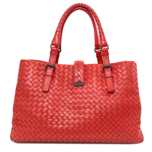 Bottega Veneta Intrecciato Red Color Leather Tote Bag (Pre-Owned)